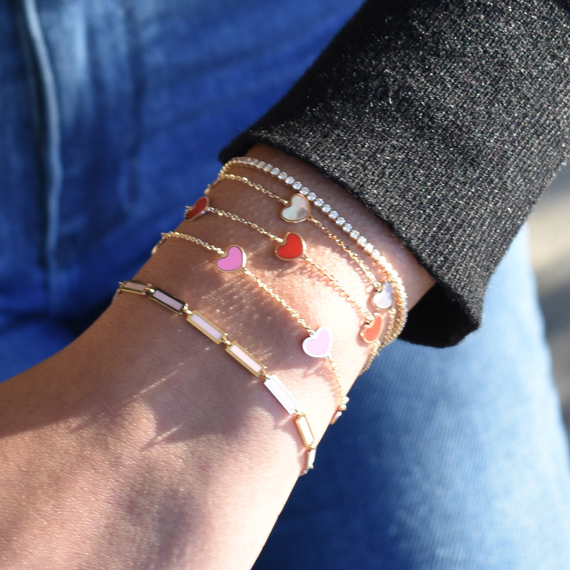 14K Gold Mother of Pearl Heart Station Bracelet