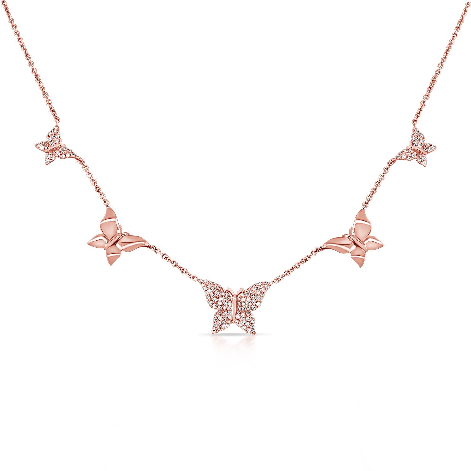 14K Gold Diamond Butterfly Station Necklace - Rose