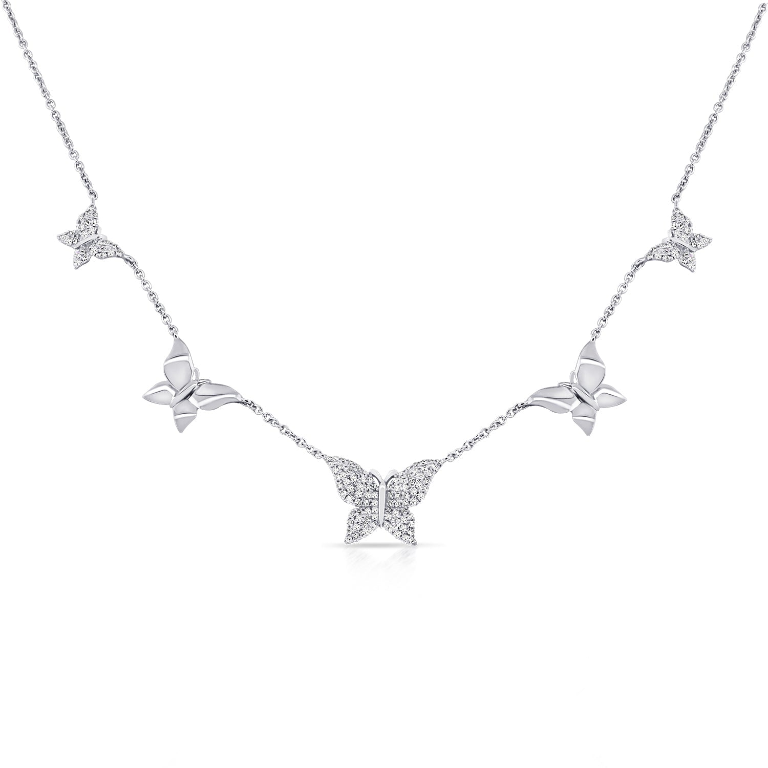 14K Gold Diamond Butterfly Station Necklace - White
