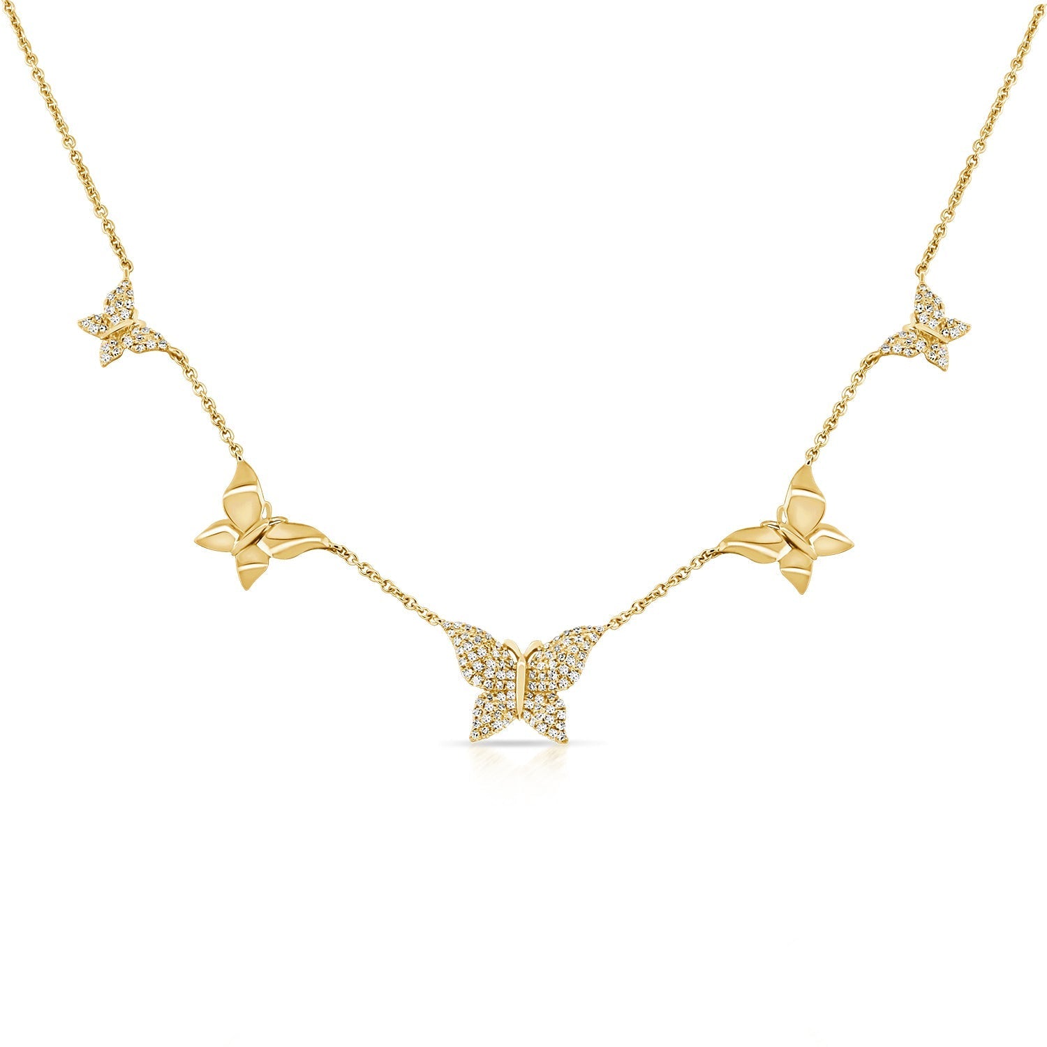 14K Gold Diamond Butterfly Station Necklace - Yellow