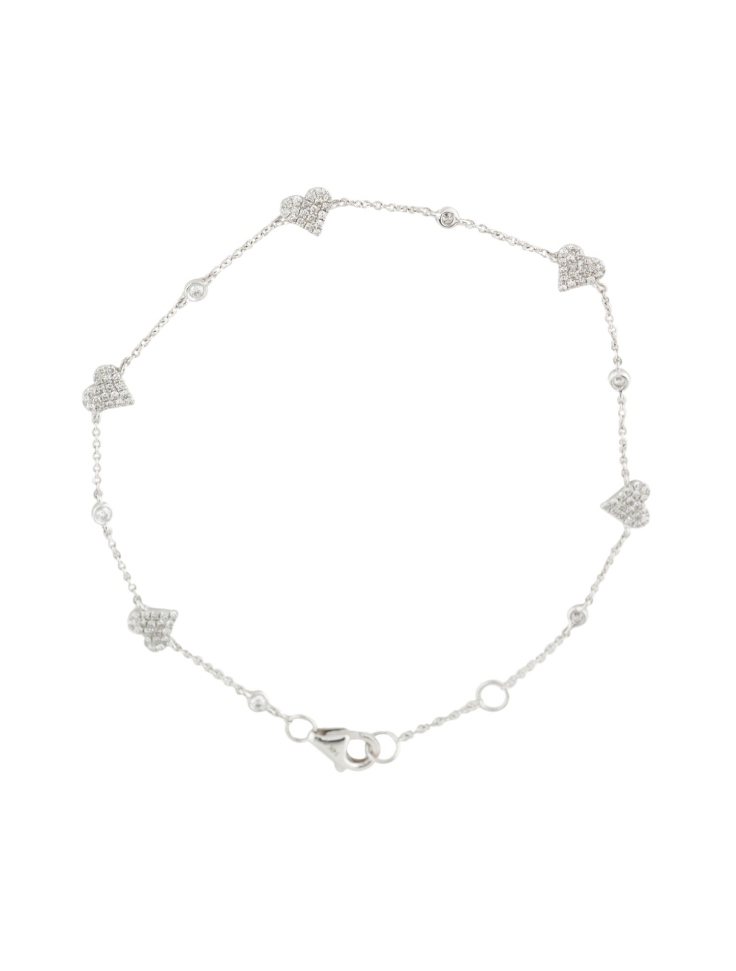 14K Gold Diamond Heart Station Bracelet - White