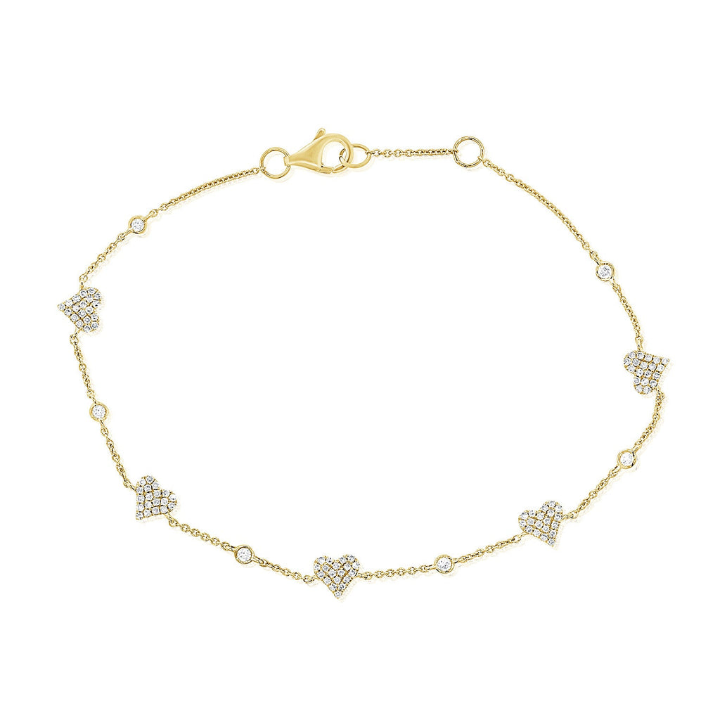 14K Gold Diamond Heart Station Bracelet - Yellow
