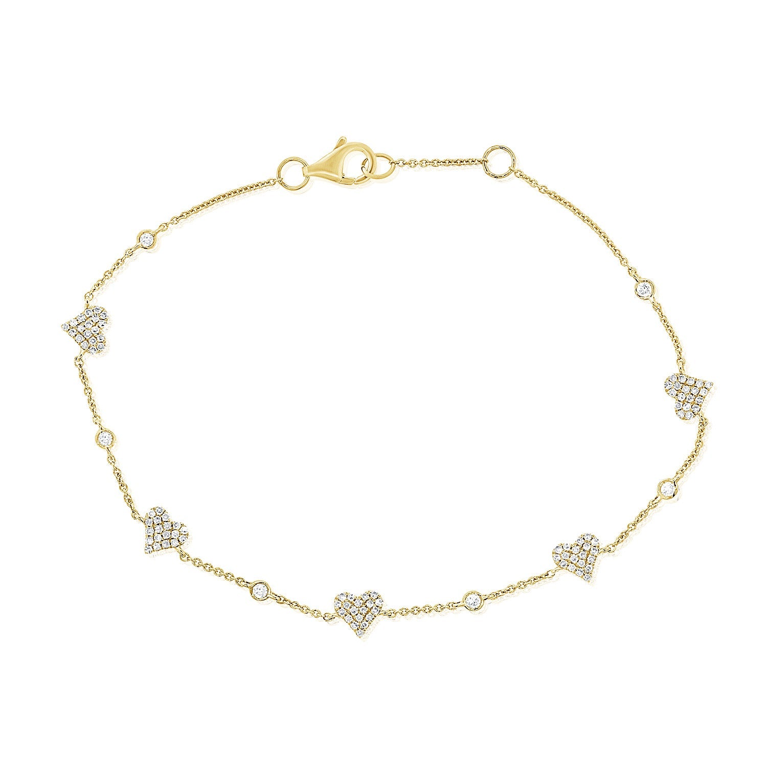 14K Gold Diamond Heart Station Bracelet - Yellow