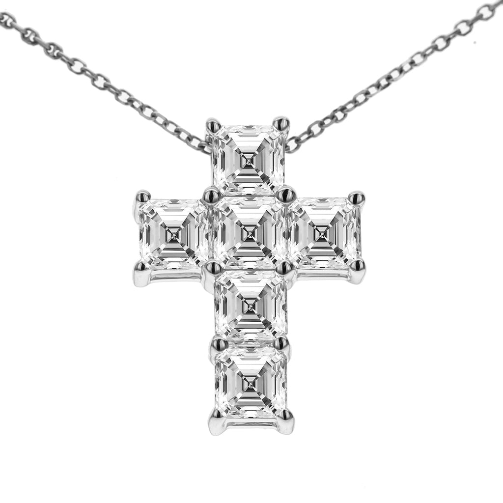 Asscher Cut Diamond Cross Pendant Necklace - White