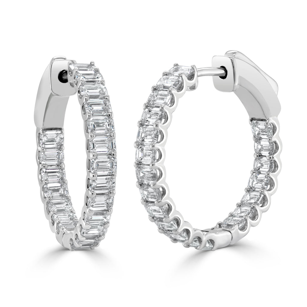 14K Gold Emerald-Cut Diamond Hoop Earrings - White