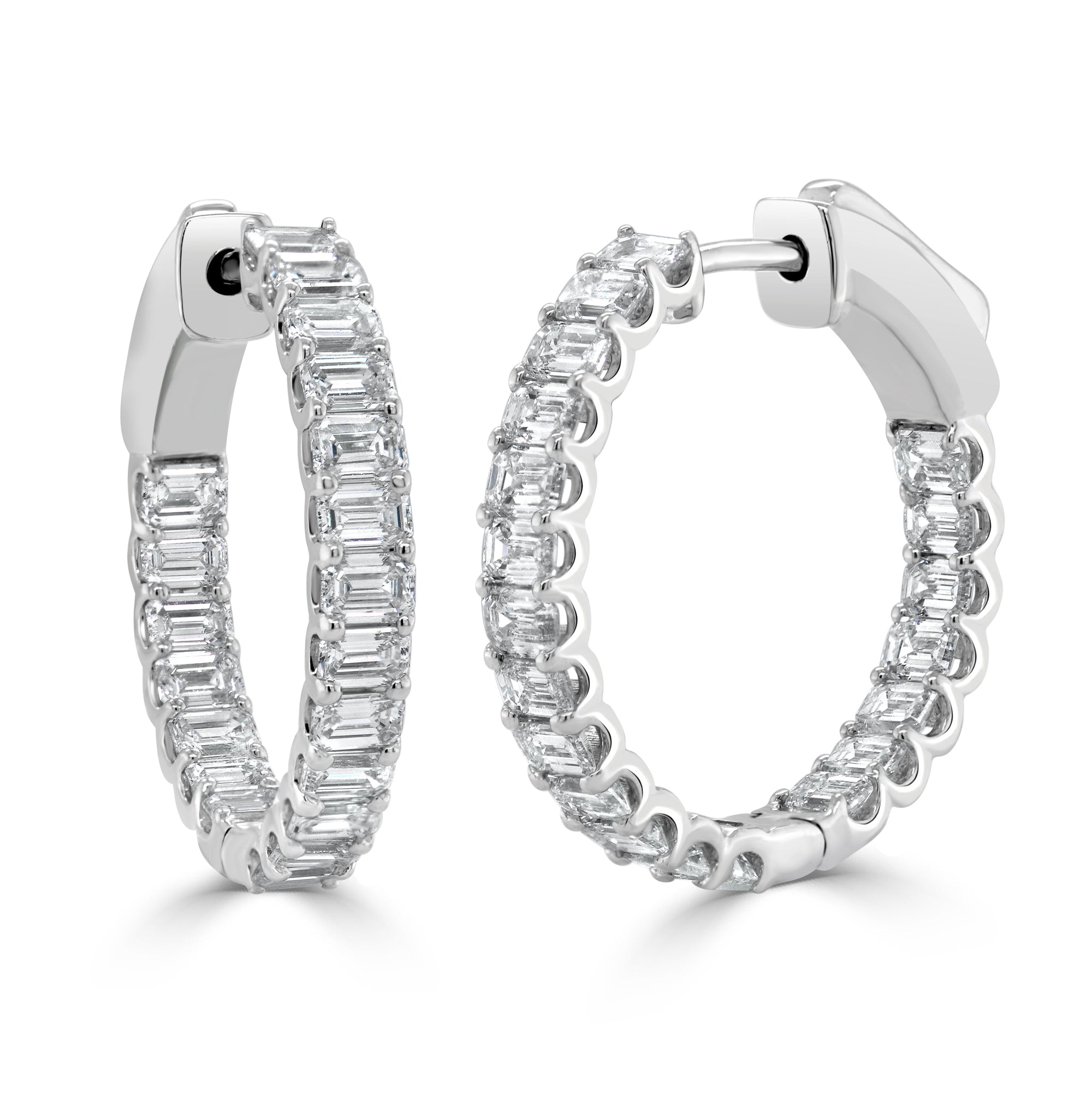 14K Gold Emerald-Cut Diamond Hoop Earrings - White
