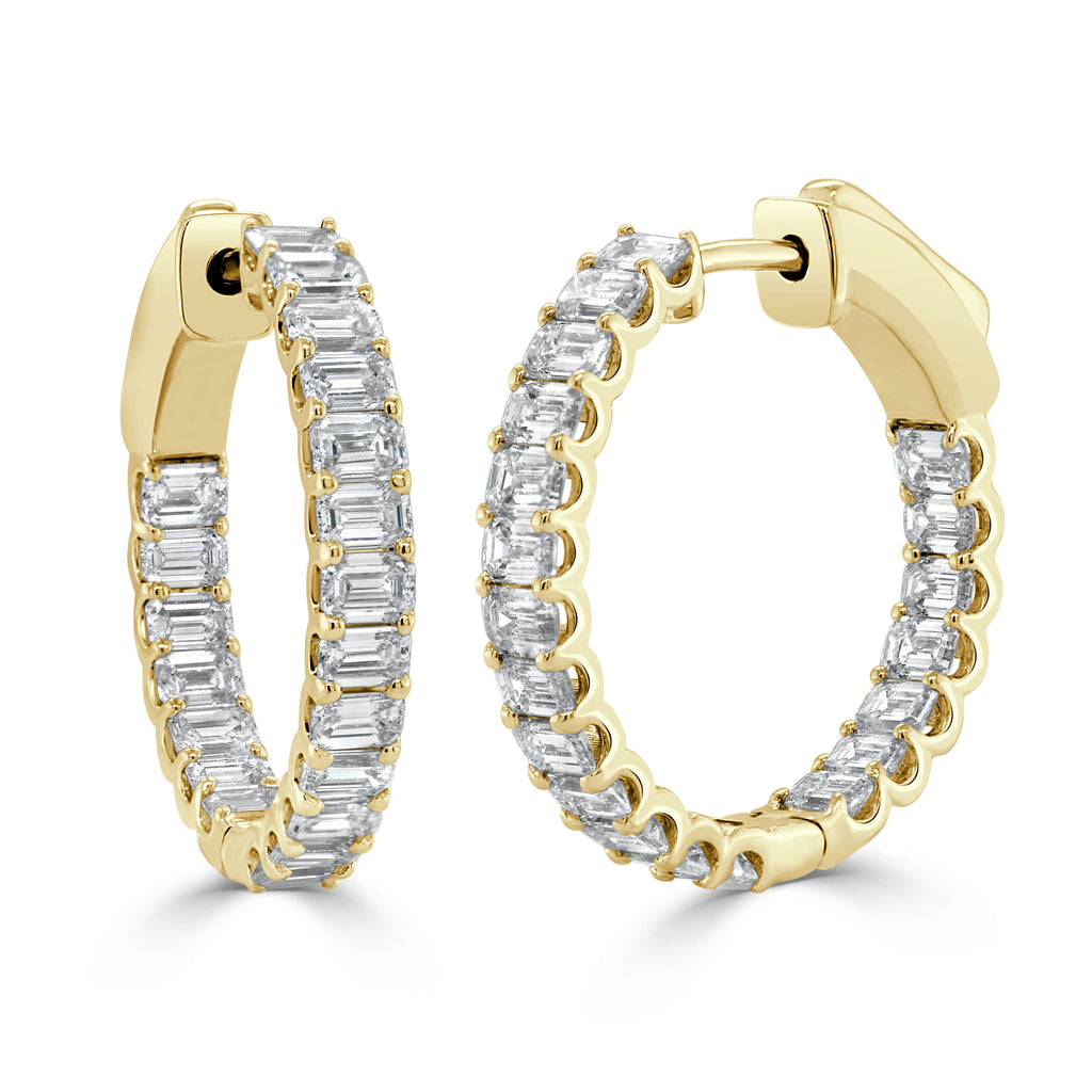 14K Gold Emerald-Cut Diamond Hoop Earrings - Yellow