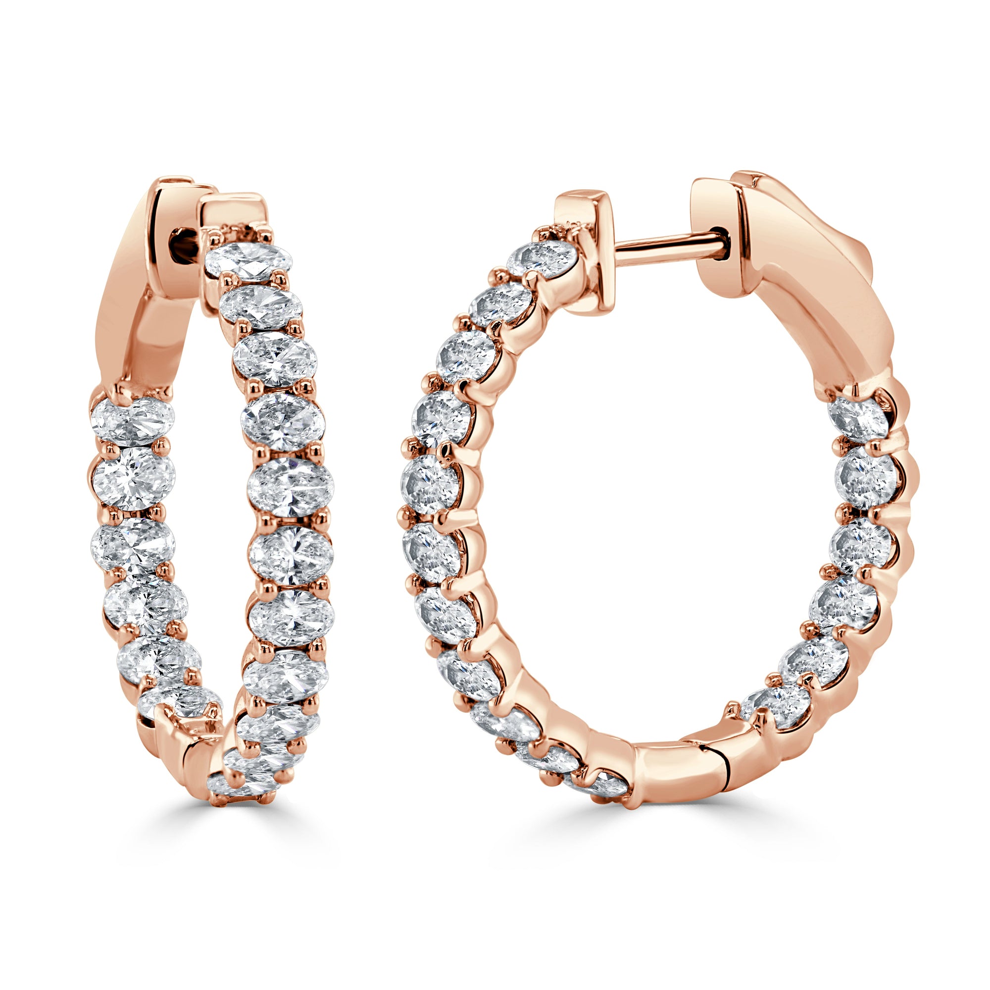 14K Gold Oval Diamond Hoop Earrings - Rose