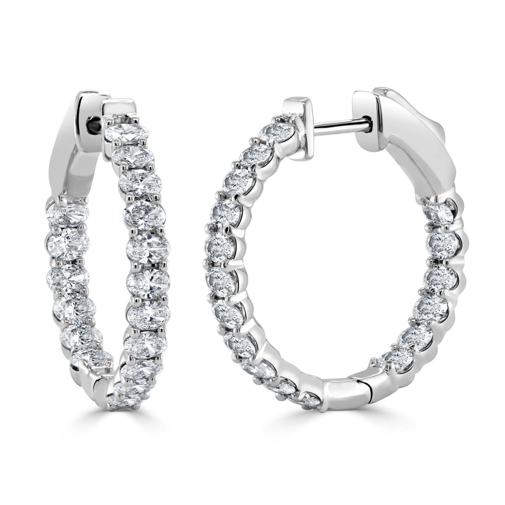 14K Gold Oval Diamond Hoop Earrings - White