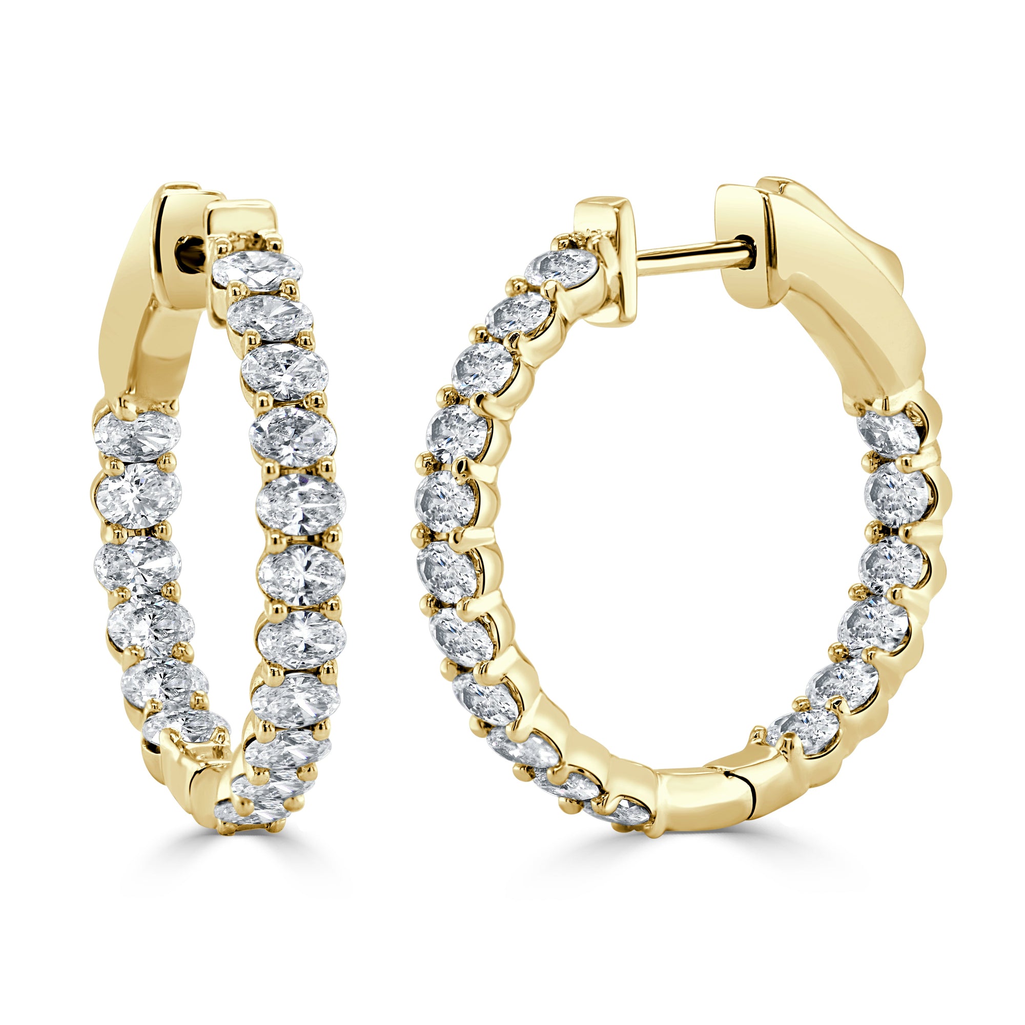 14K Gold Oval Diamond Hoop Earrings - Yellow