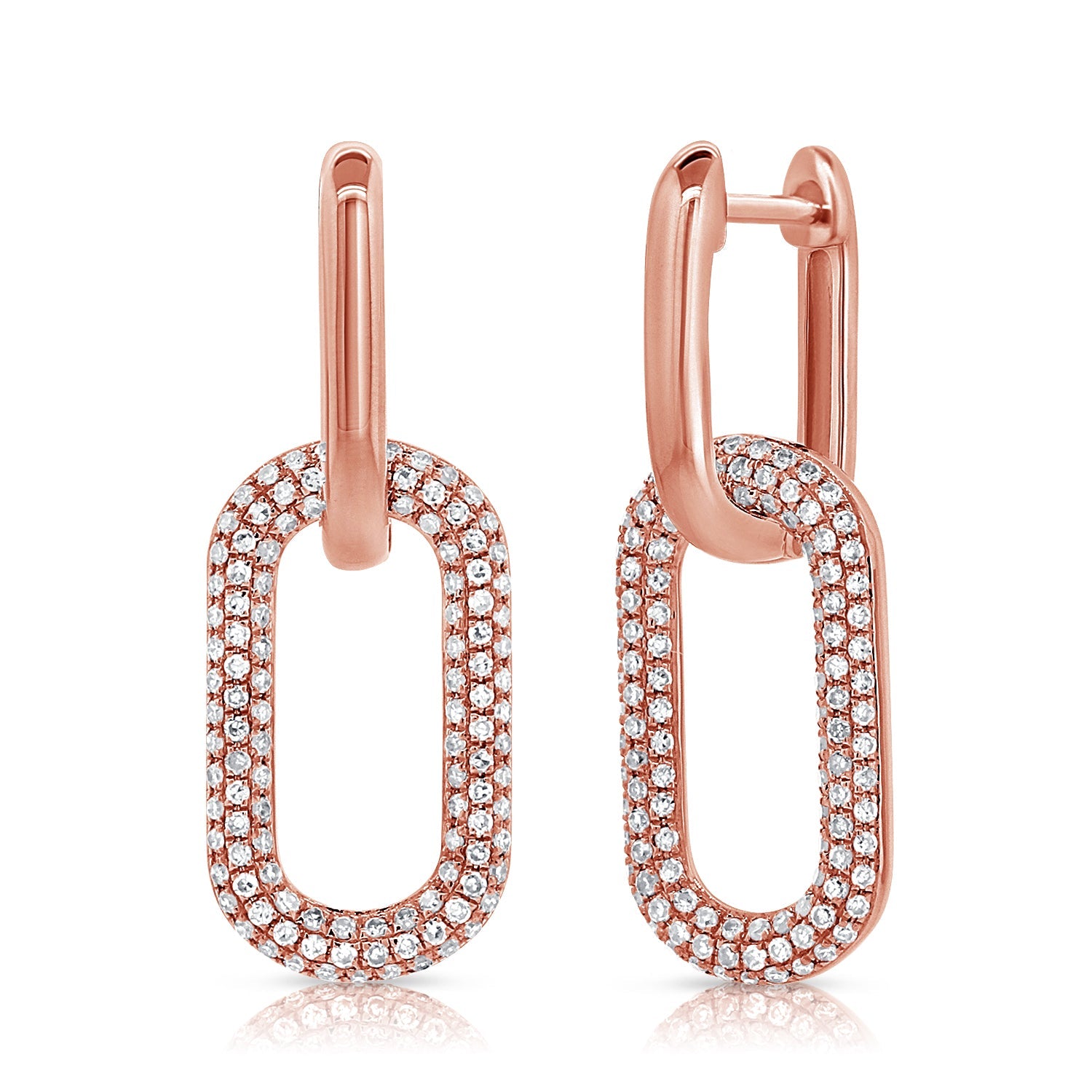 14K Gold Diamond Paperclip Link Earrings - Rose