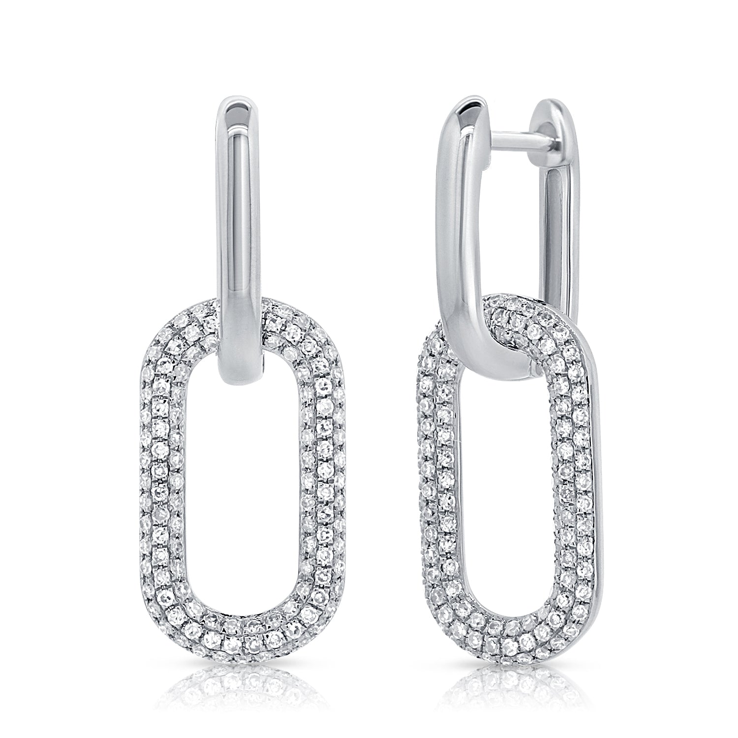14K Gold Diamond Paperclip Link Earrings - White