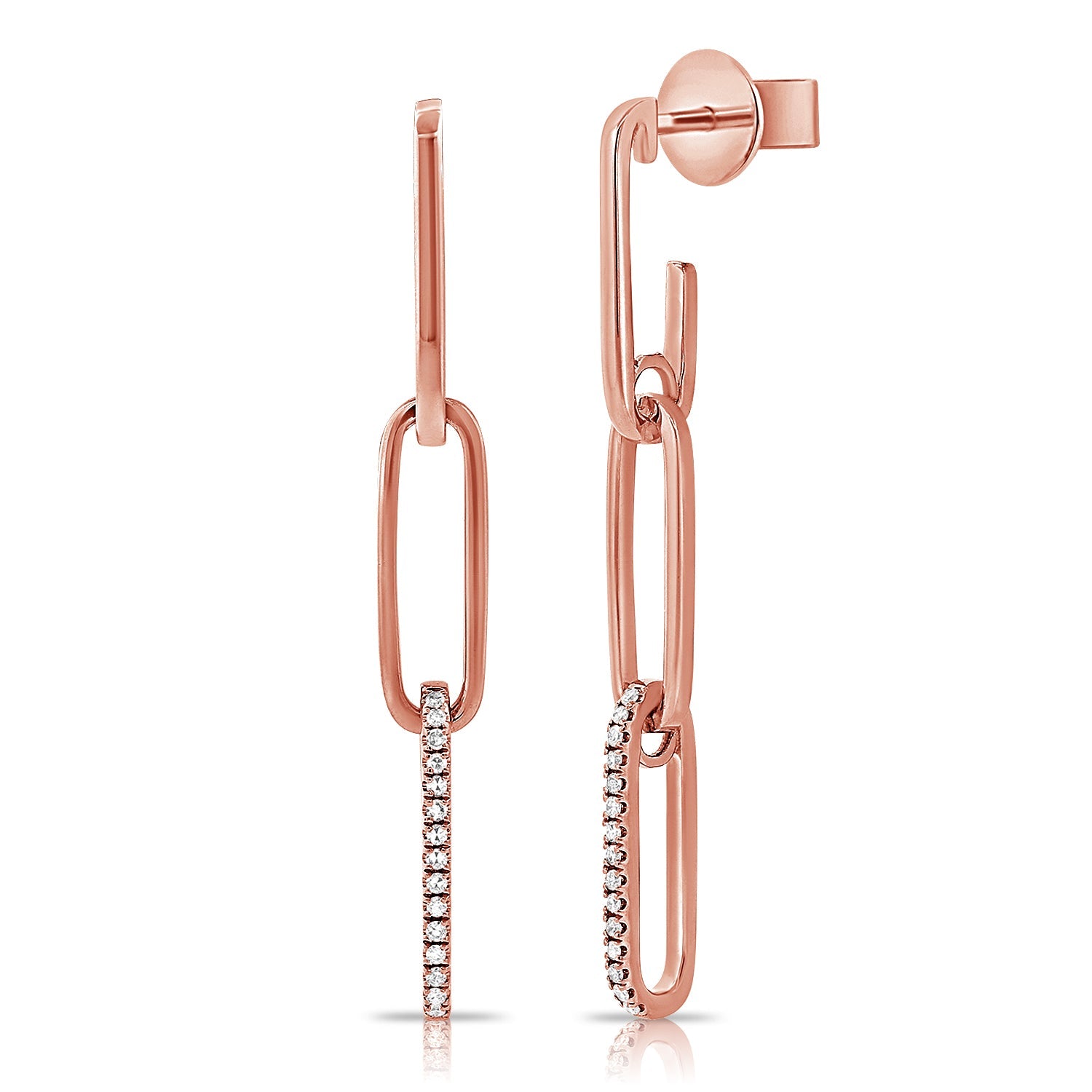 14K Gold Diamond Paperclip Link Drop Earrings - Rose