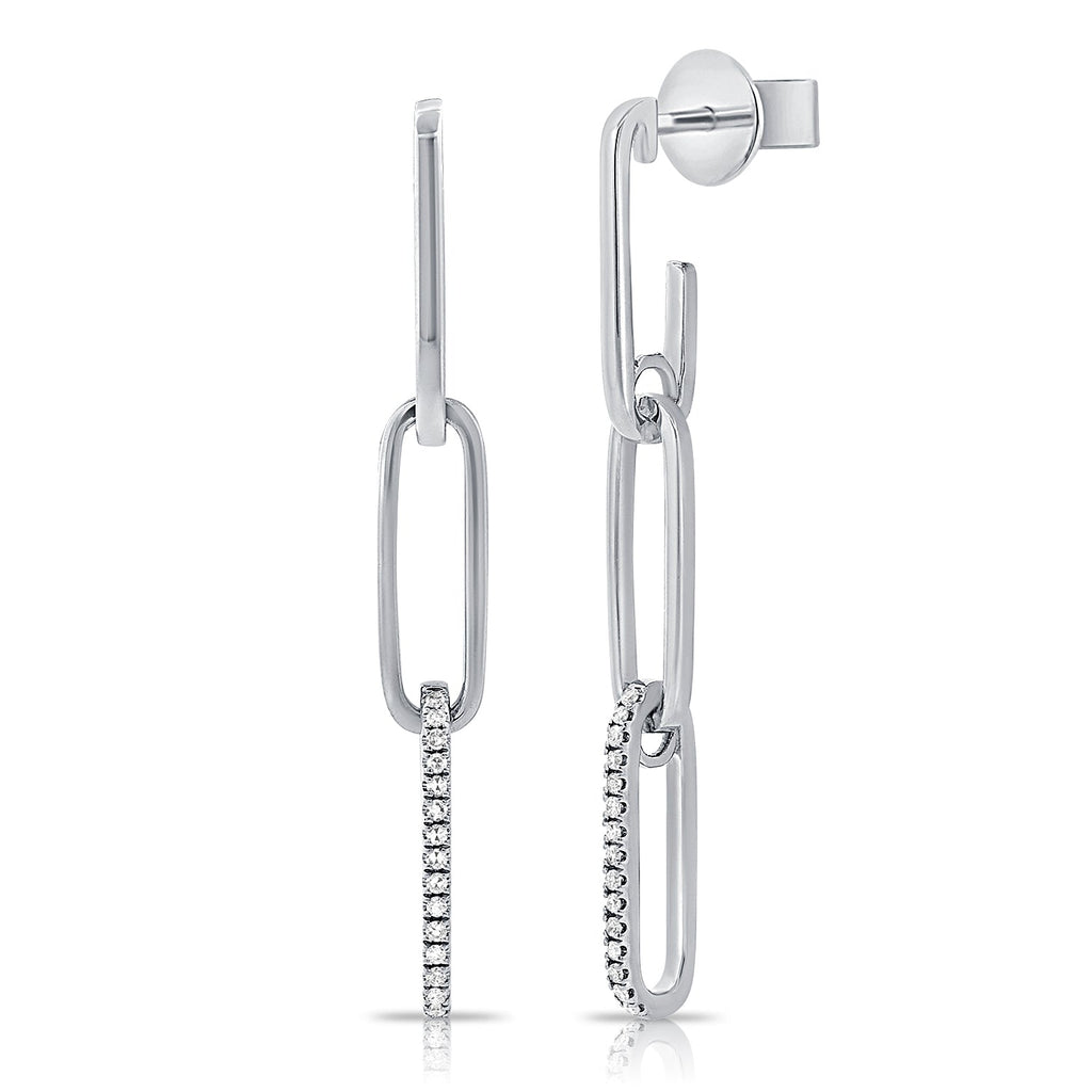 14K Gold Diamond Paperclip Link Drop Earrings - White