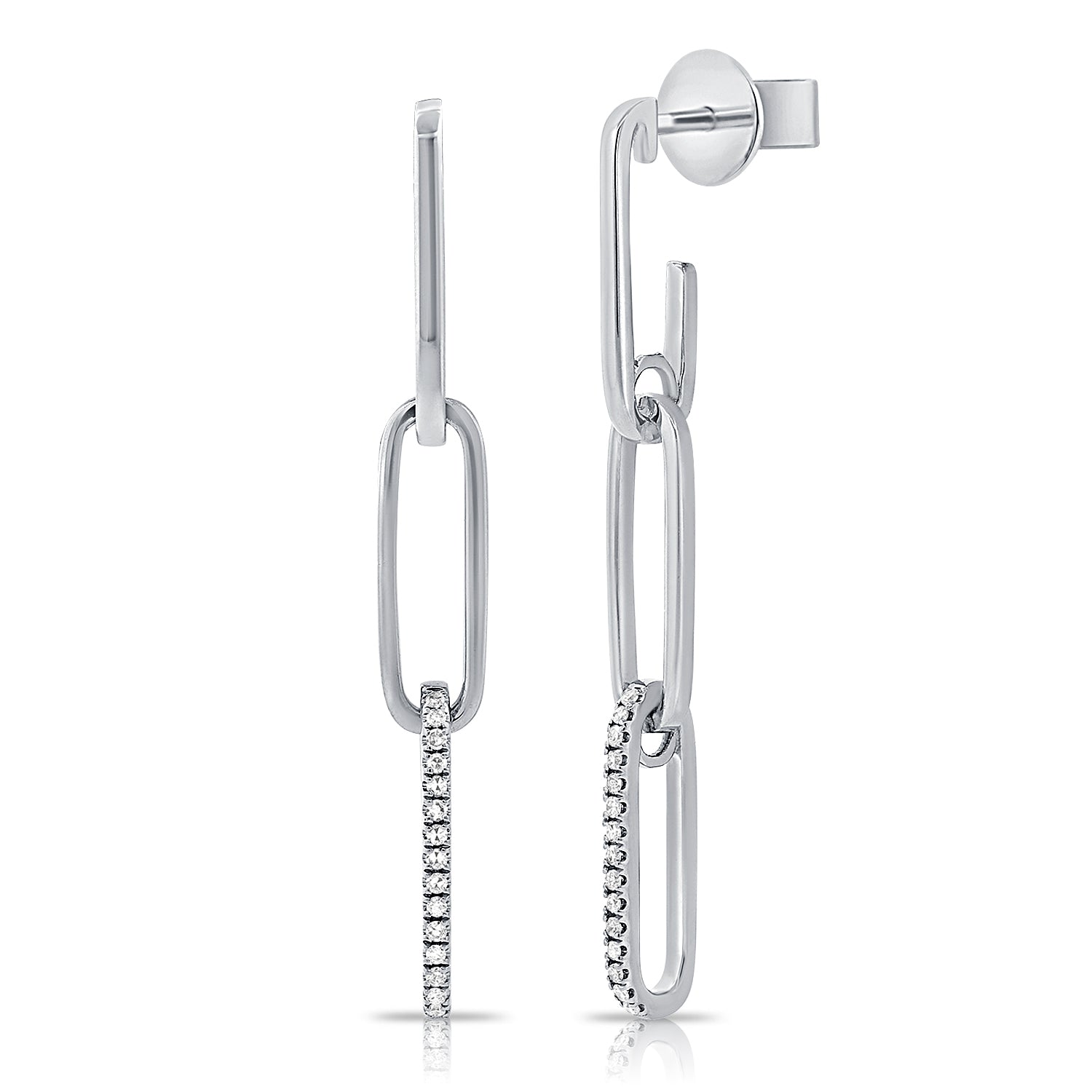 14K Gold Diamond Paperclip Link Drop Earrings - White
