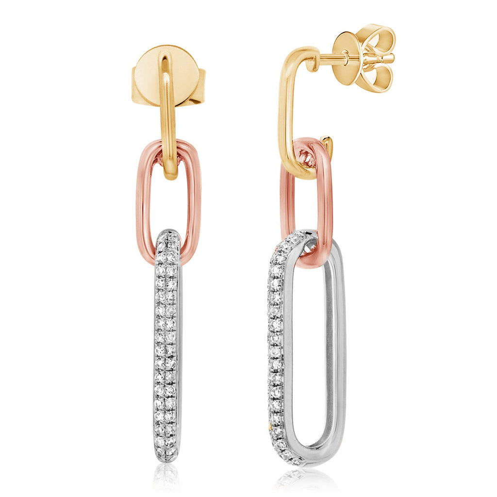 14K Gold Diamond Link Dangle Earrings - Tri-Color
