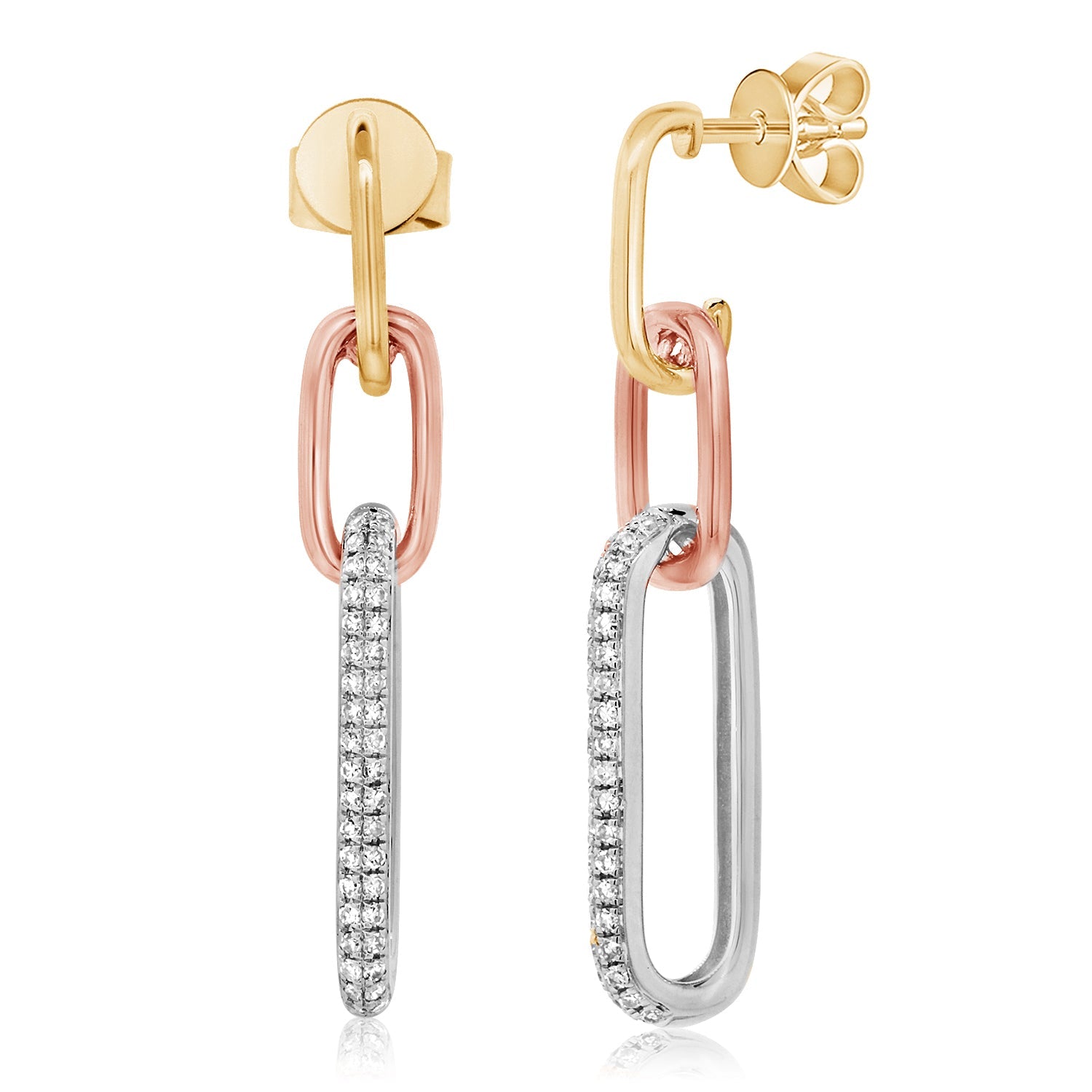 14K Gold Diamond Link Dangle Earrings - Tri-Color