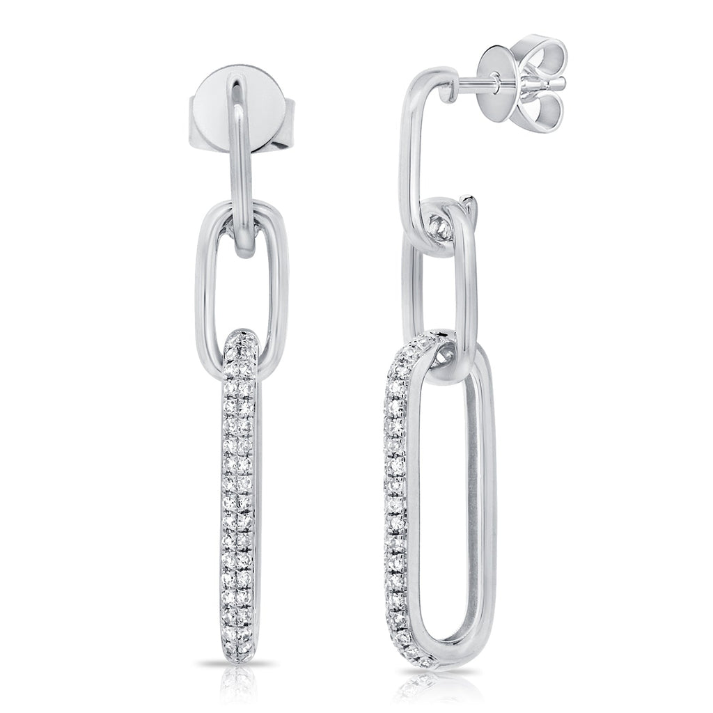 14K Gold Diamond Link Dangle Earrings - Whtie