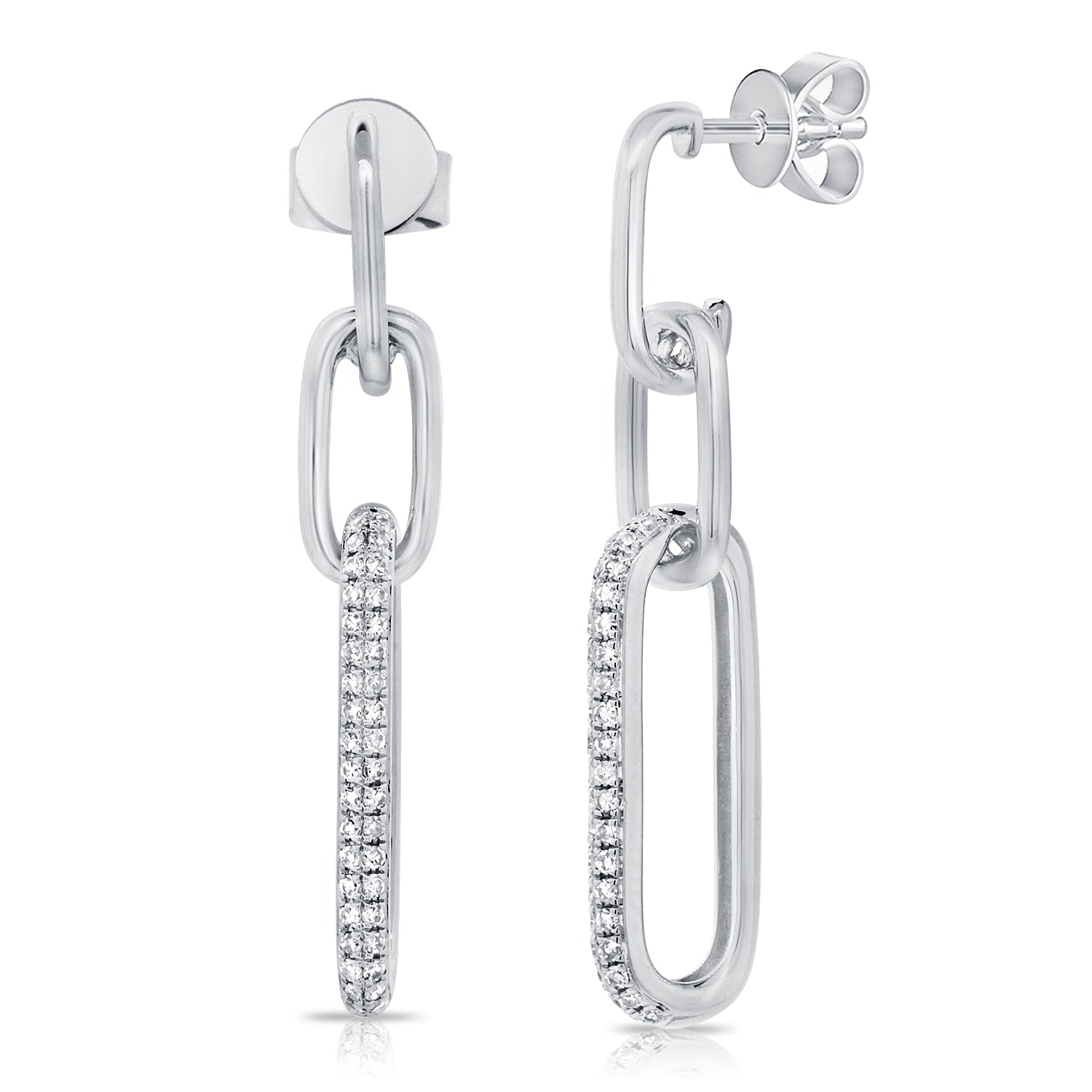 14K Gold Diamond Link Dangle Earrings - Whtie