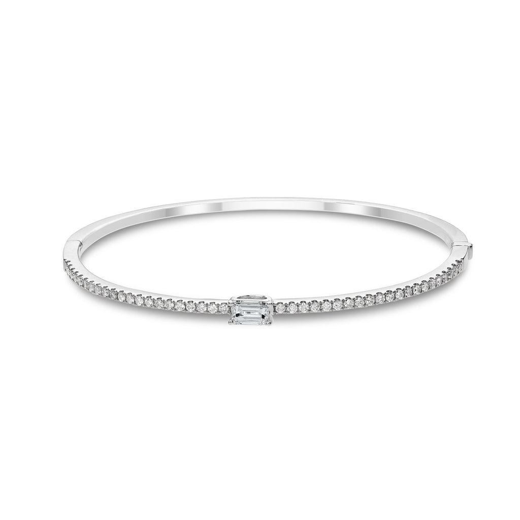 Half Way Center Round and Emerald Cut Diamond Bangle Bracelet-White