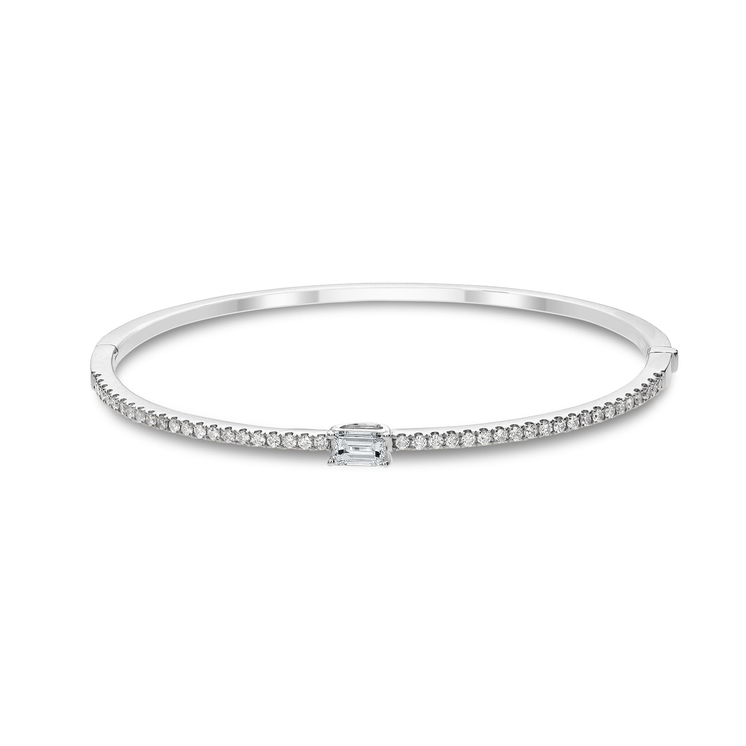 Half Way Center Round and Emerald Cut Diamond Bangle Bracelet-White