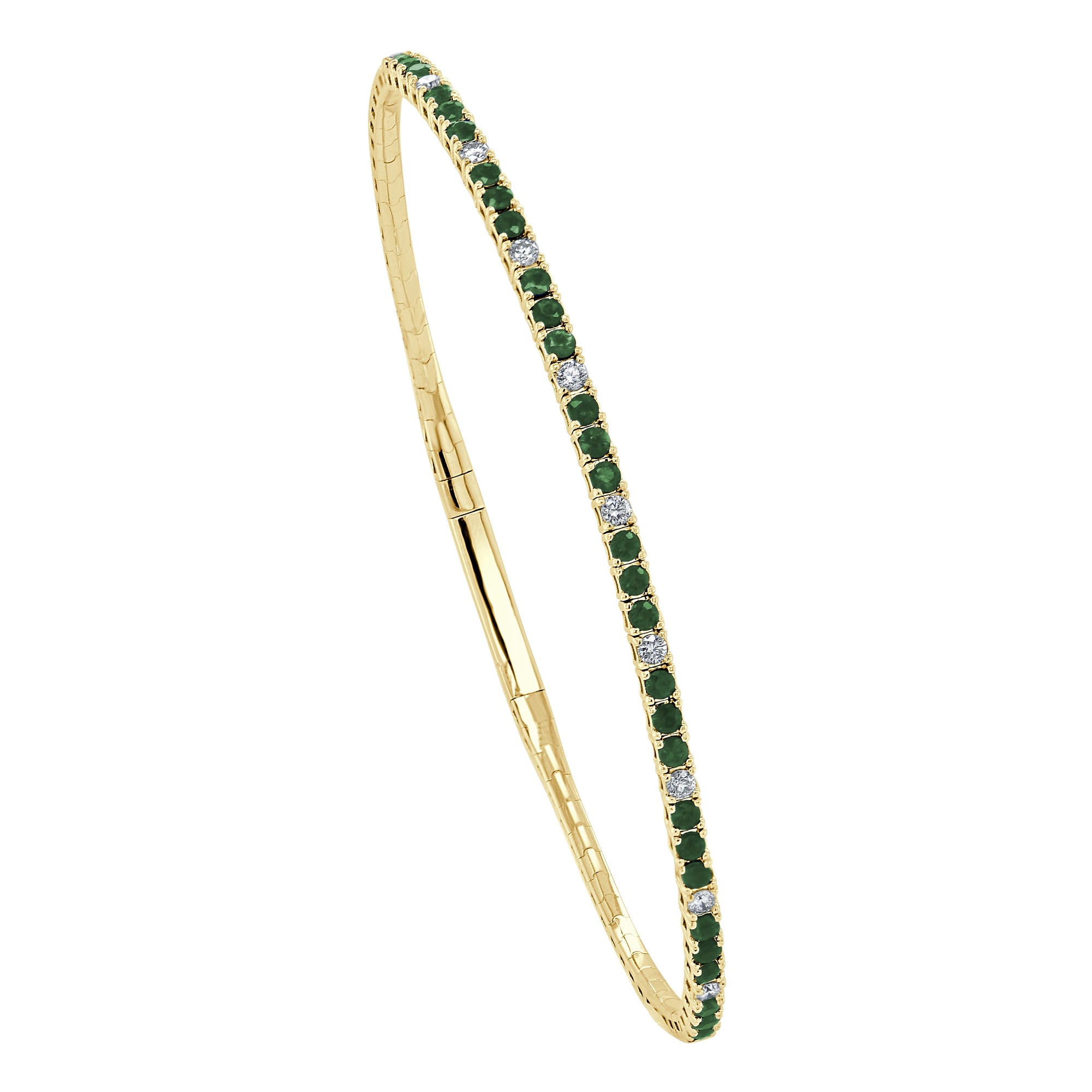 14K Yellow Gold Emerald and Diamond Alternating Flexible Bangle