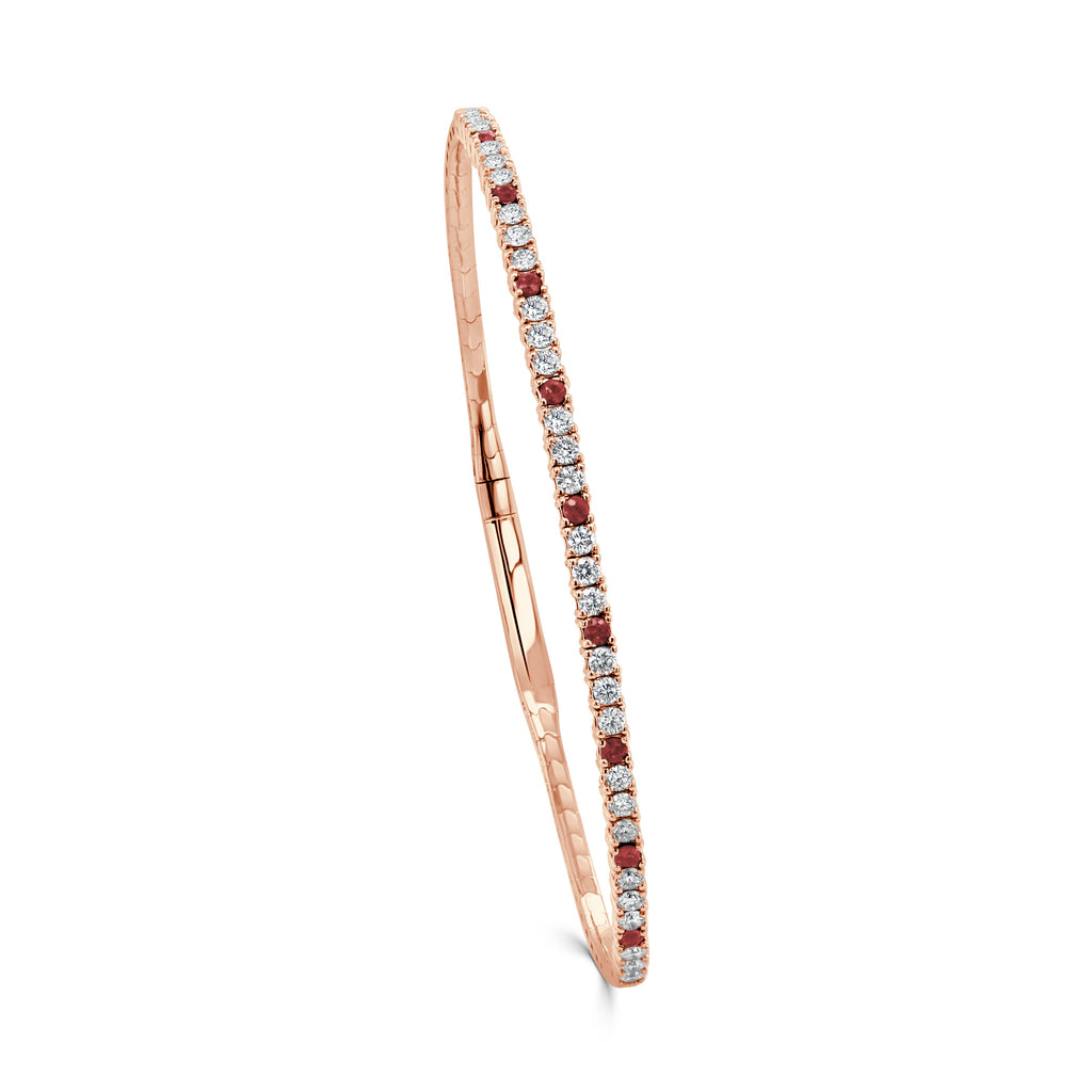 14K Gold Diamond & Ruby Alternating Flexible Bangle - Rose