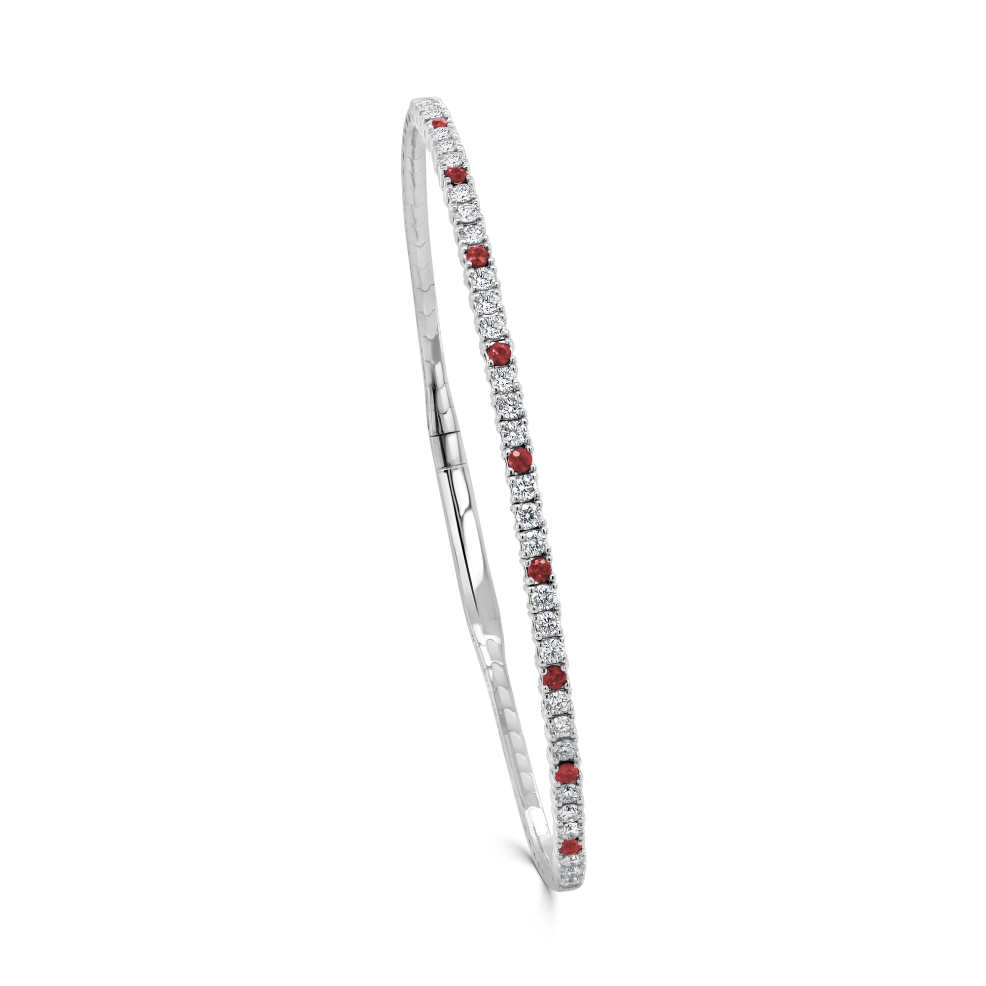 14K Gold Diamond & Ruby Alternating Flexible Bangle - White