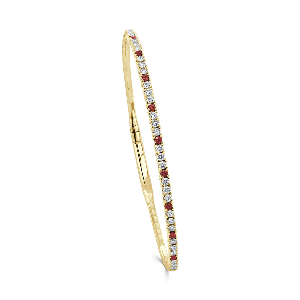 14K Gold Diamond & Ruby Alternating Flexible Bangle - Yellow