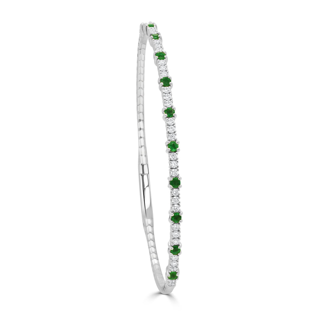 14K Gold Emerald and Diamond Flexible Bangle - White