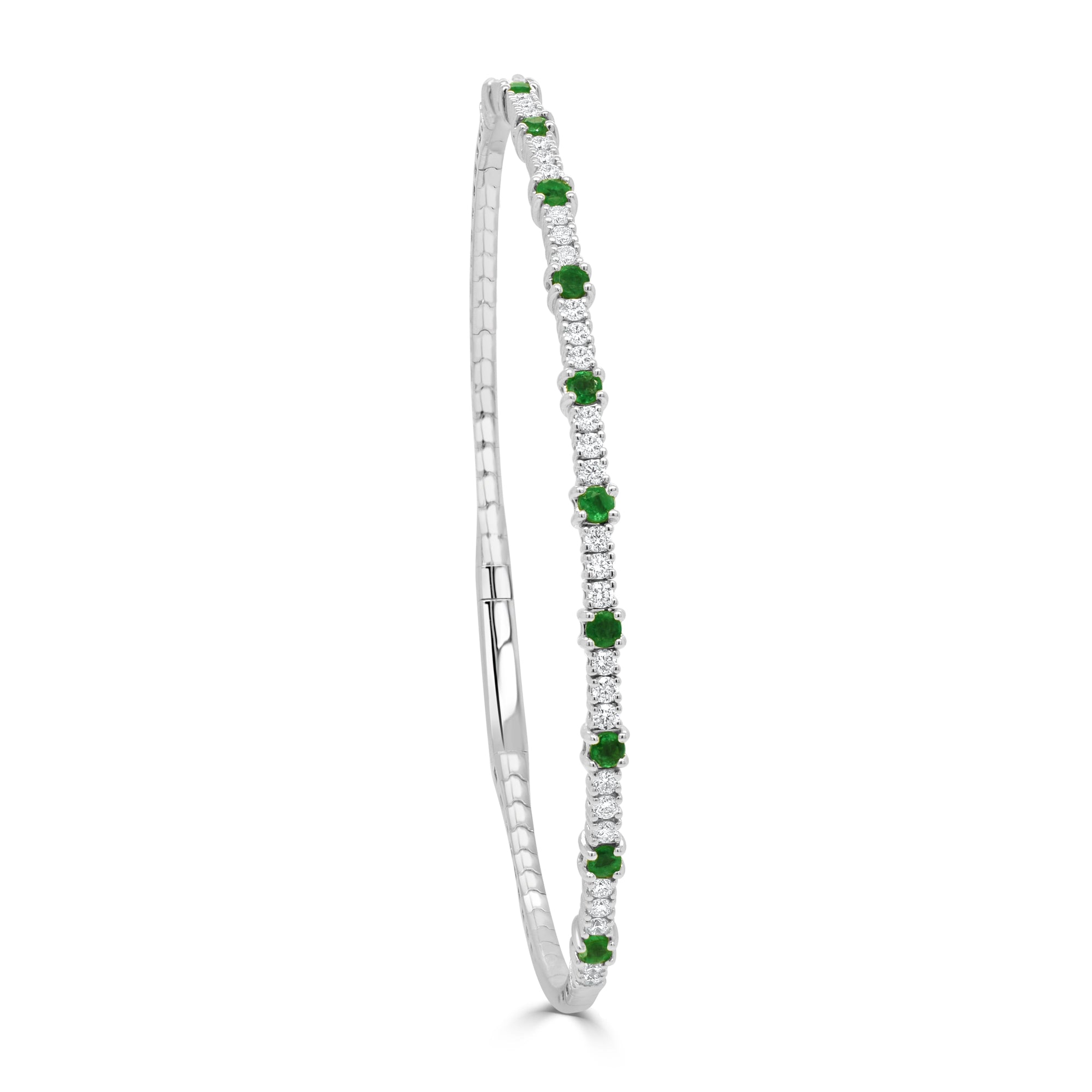 14K Gold Emerald and Diamond Flexible Bangle - White