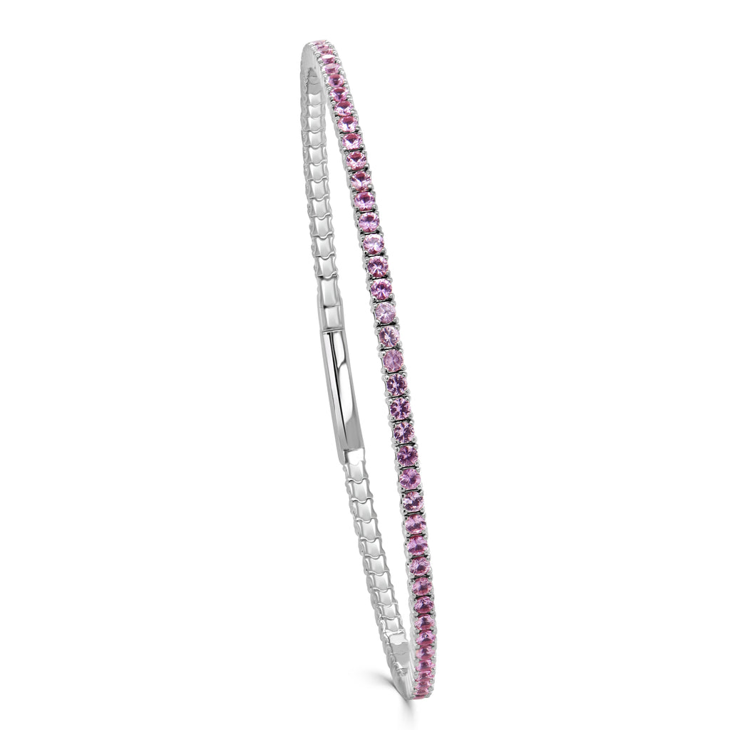 14K Gold Pink Sapphire Flexible Eternity Bangle - White