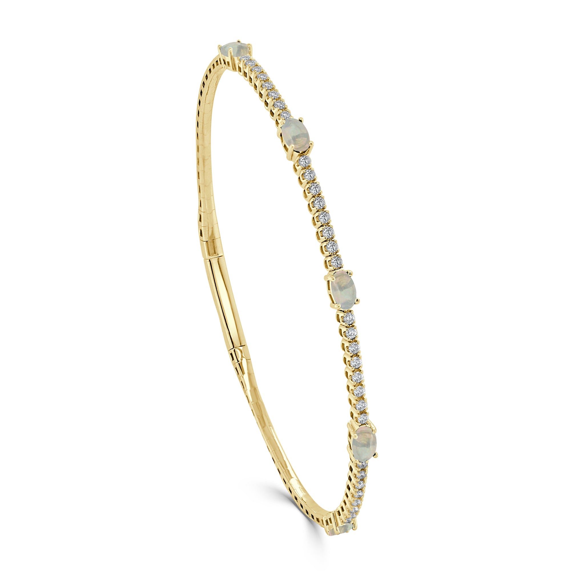 14K Gold Diamond & Opal Station Flexible Bangle Bracelet