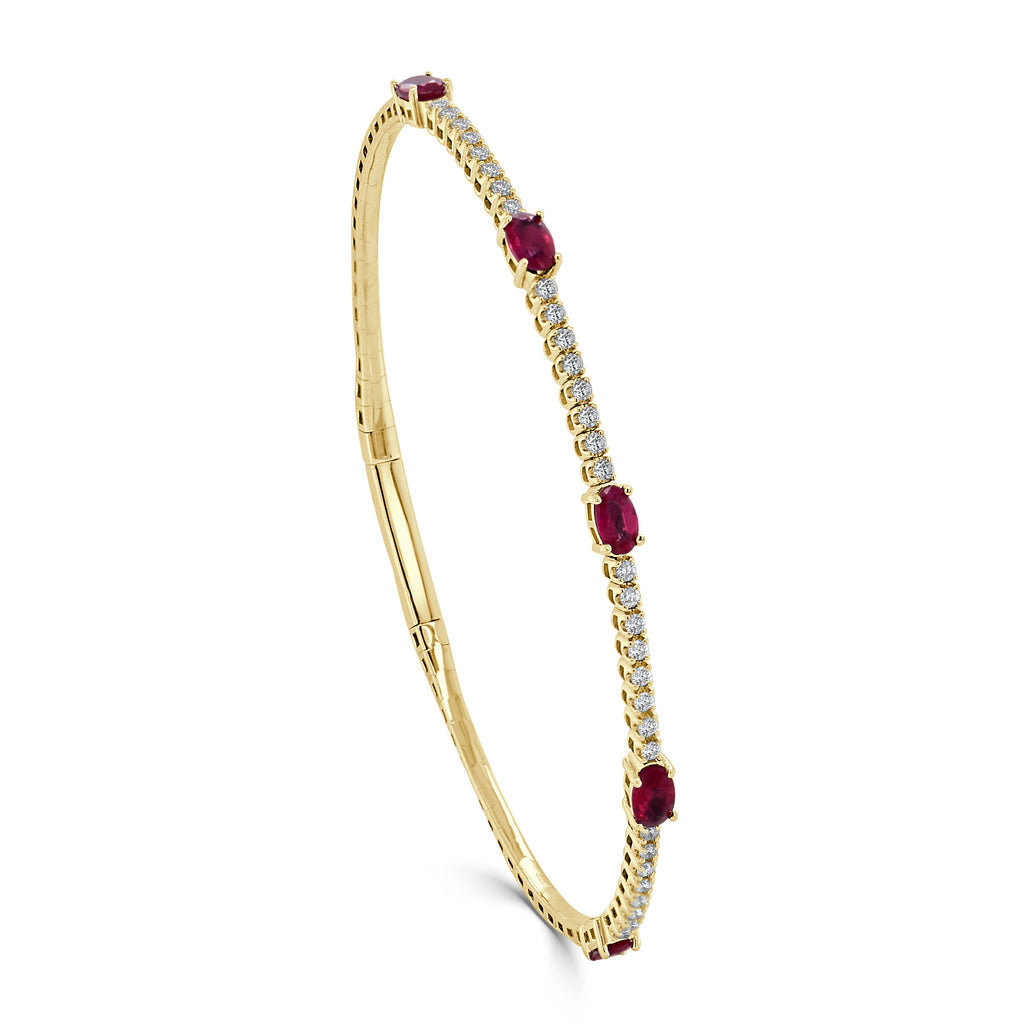 14K Gold Oval Ruby Station & Diamond Flexible Bangle - Yellow