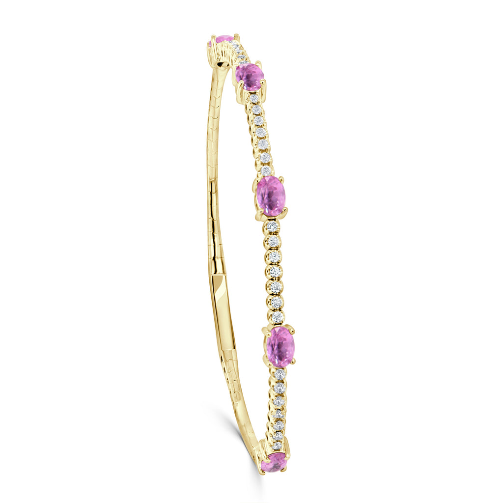 14K Gold Pink Sapphire & Diamond Station Flexible Bangle-Yellow