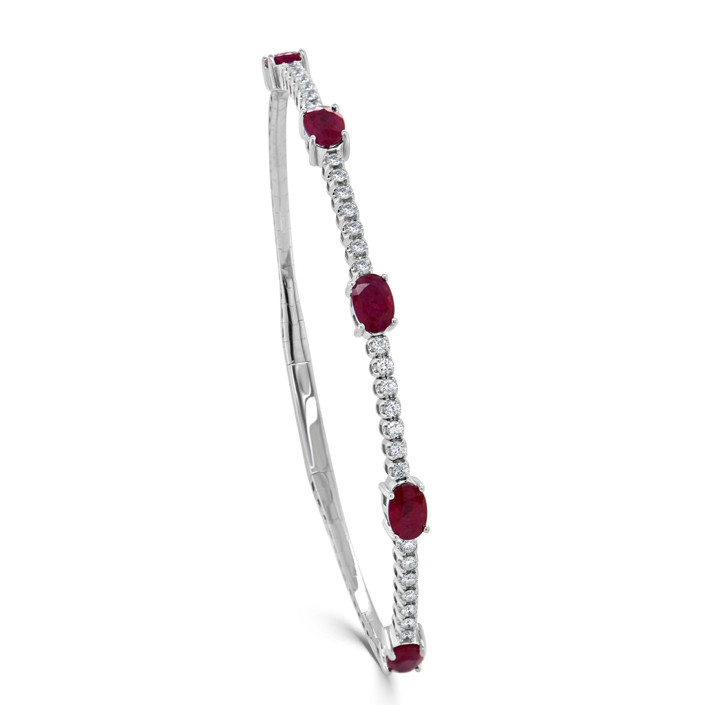 14K Gold Ruby Station & Diamond Flexible Bangle - White