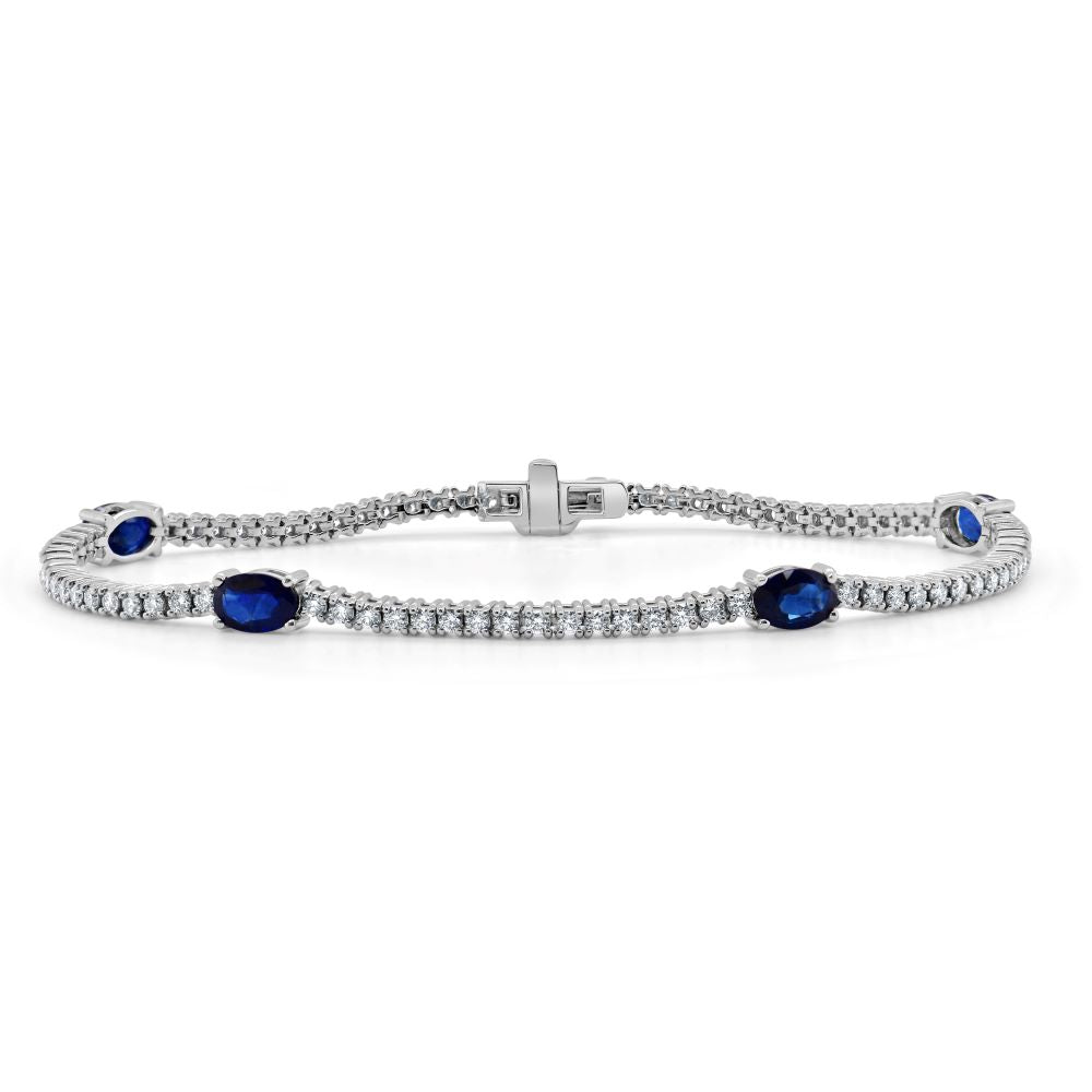 14K Gold Blue Sapphire & Diamond Tennis Bracelet - White