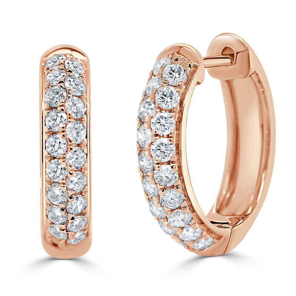 14K Gold Diamond Double Row Hoop Earrings - Rose
