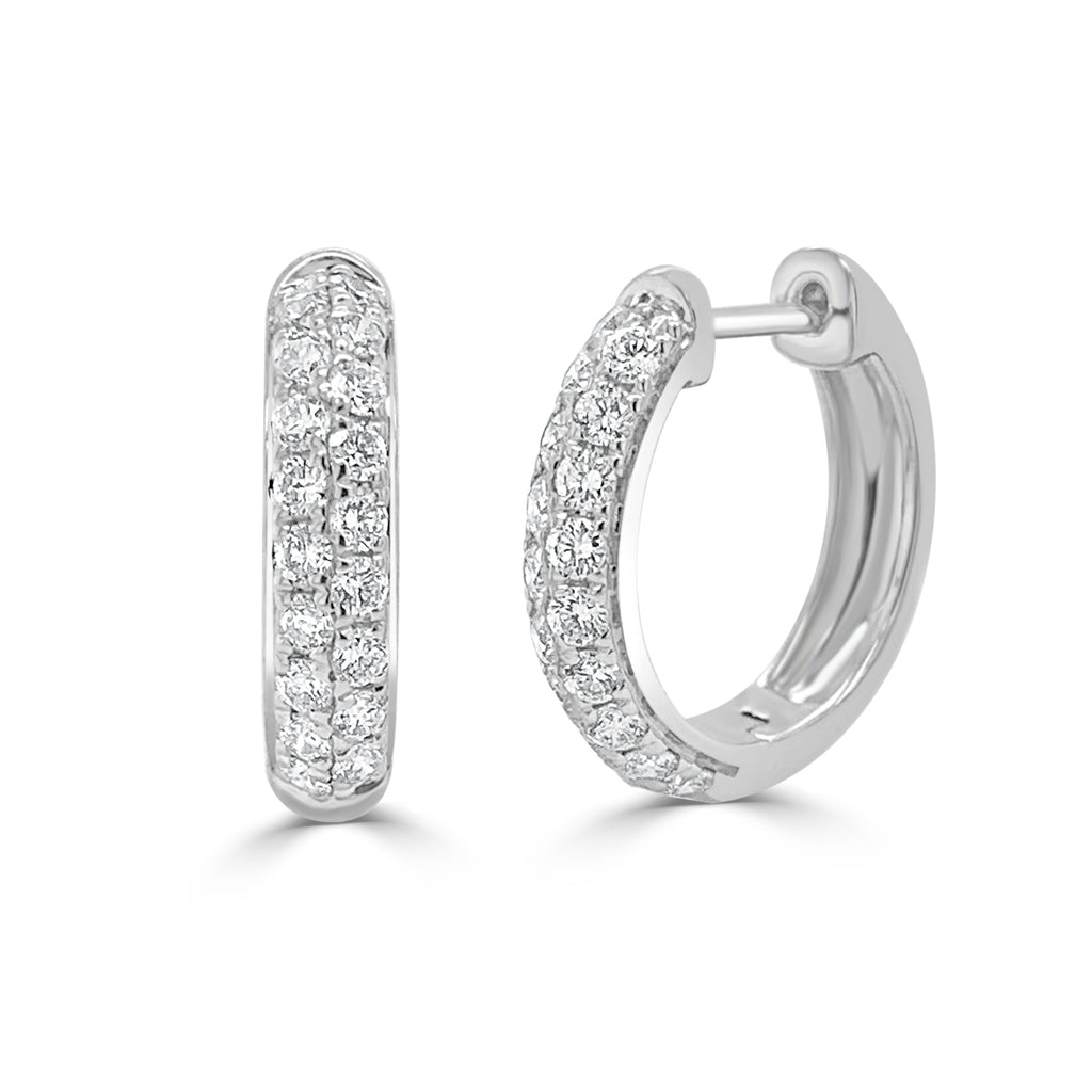 14K Gold Diamond Double Row Hoop Earrings - White
