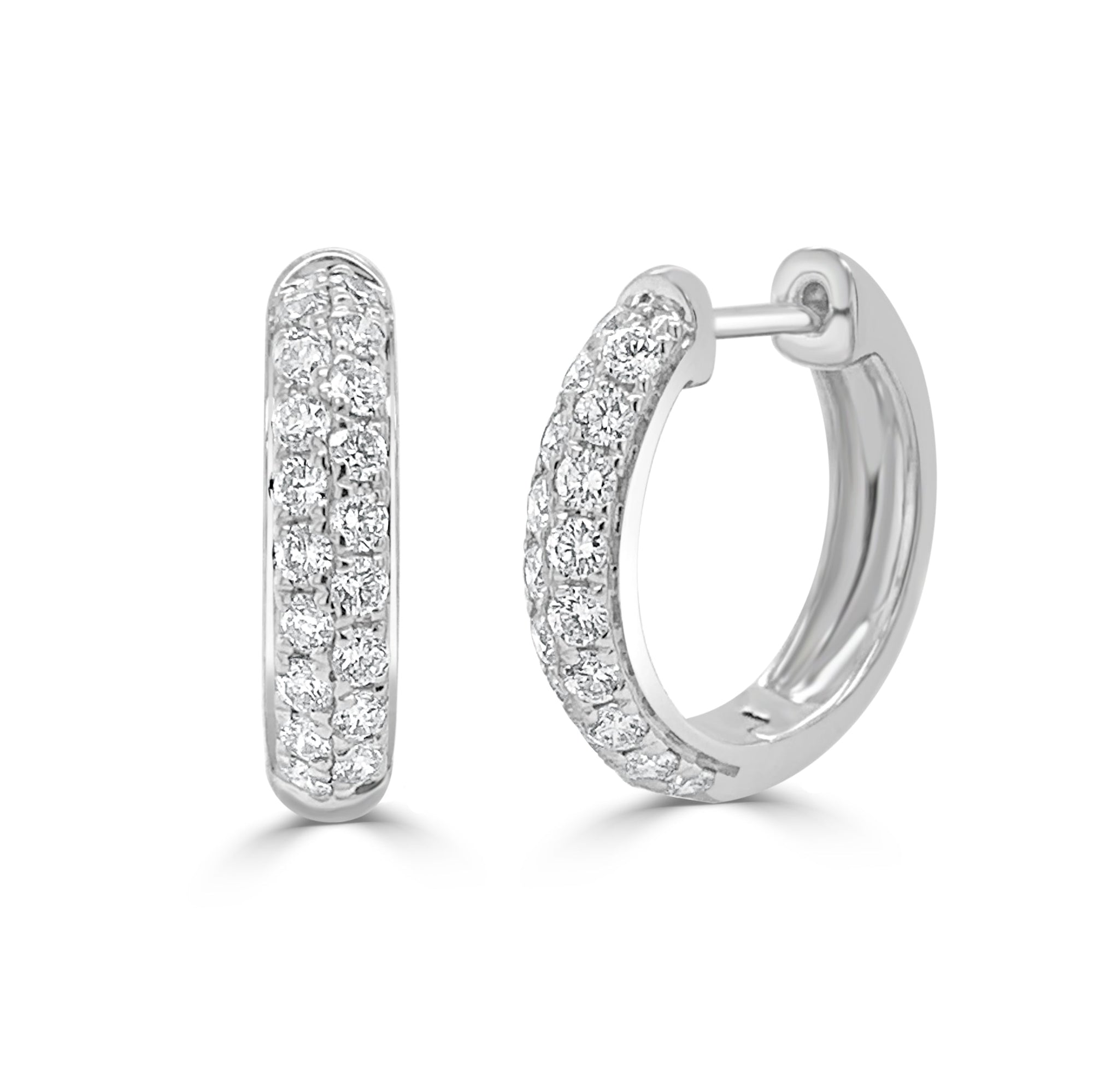 14K Gold Diamond Double Row Hoop Earrings - White