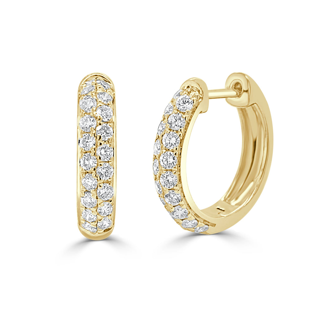 14K Gold Diamond Double Row Hoop Earrings - Yellow