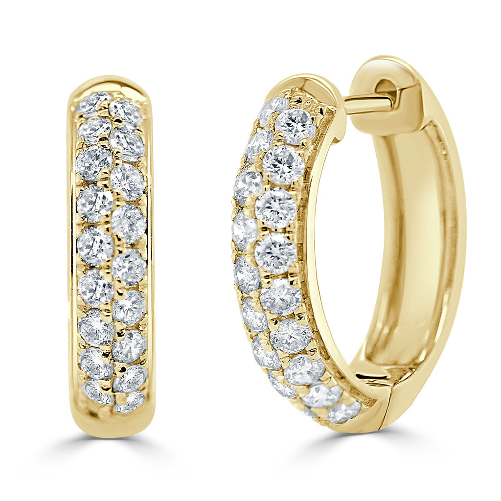 14K Gold Diamond Double Row Hoop Earrings - Yellow