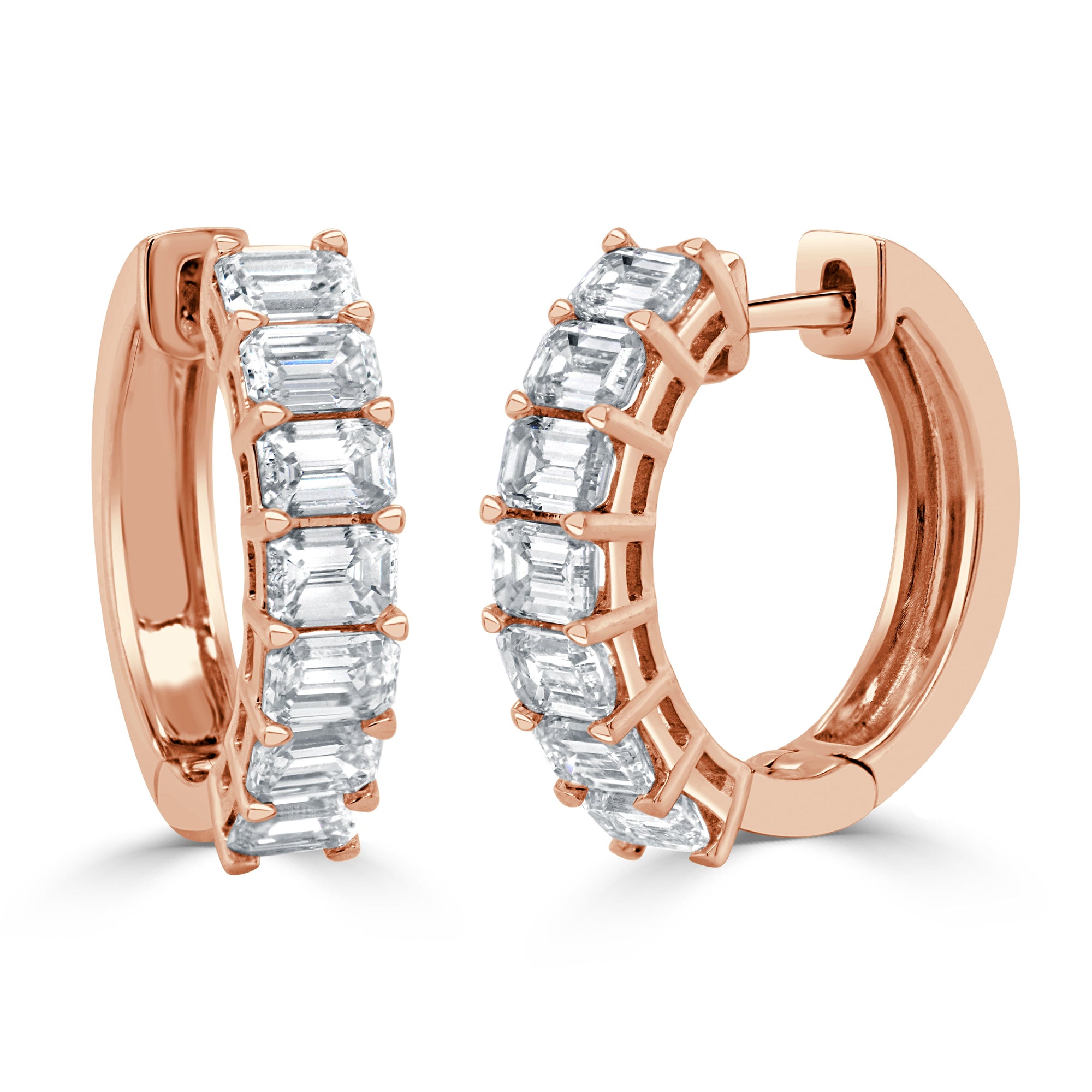 14K Gold & Emerald-Cut Diamond Huggie Earrings -Rose