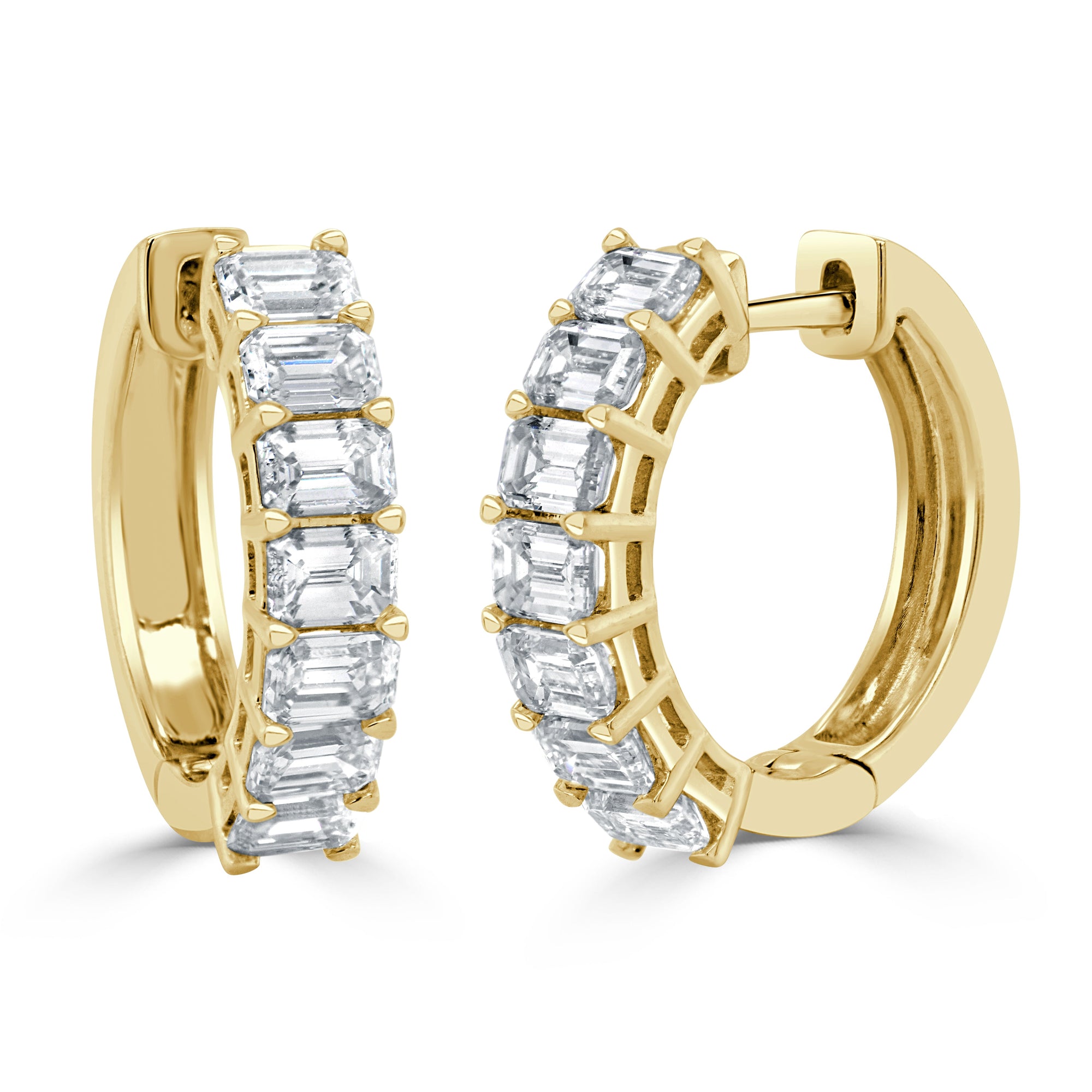 14K Gold & Emerald-Cut Diamond Huggie Earrings -Yellow