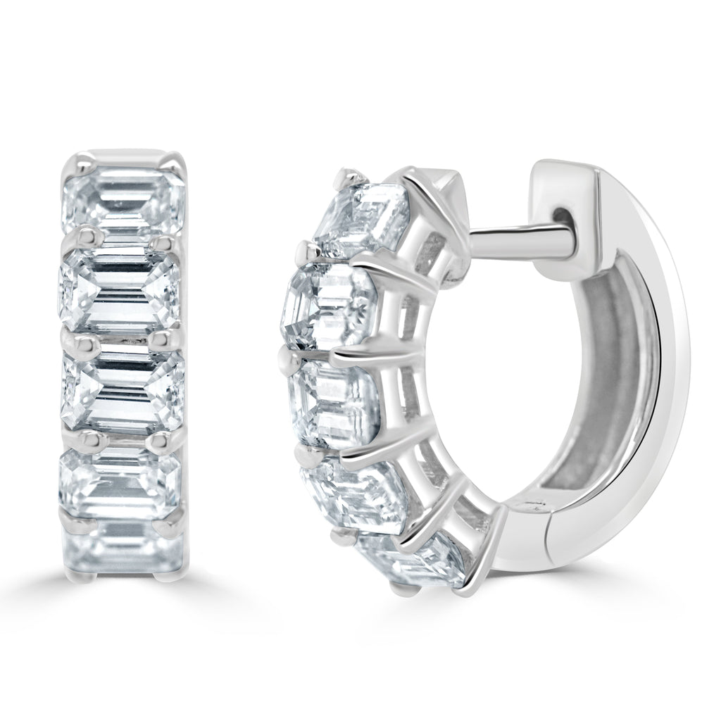 14K Gold Emerald-Cut Diamond Huggie Earrings - White