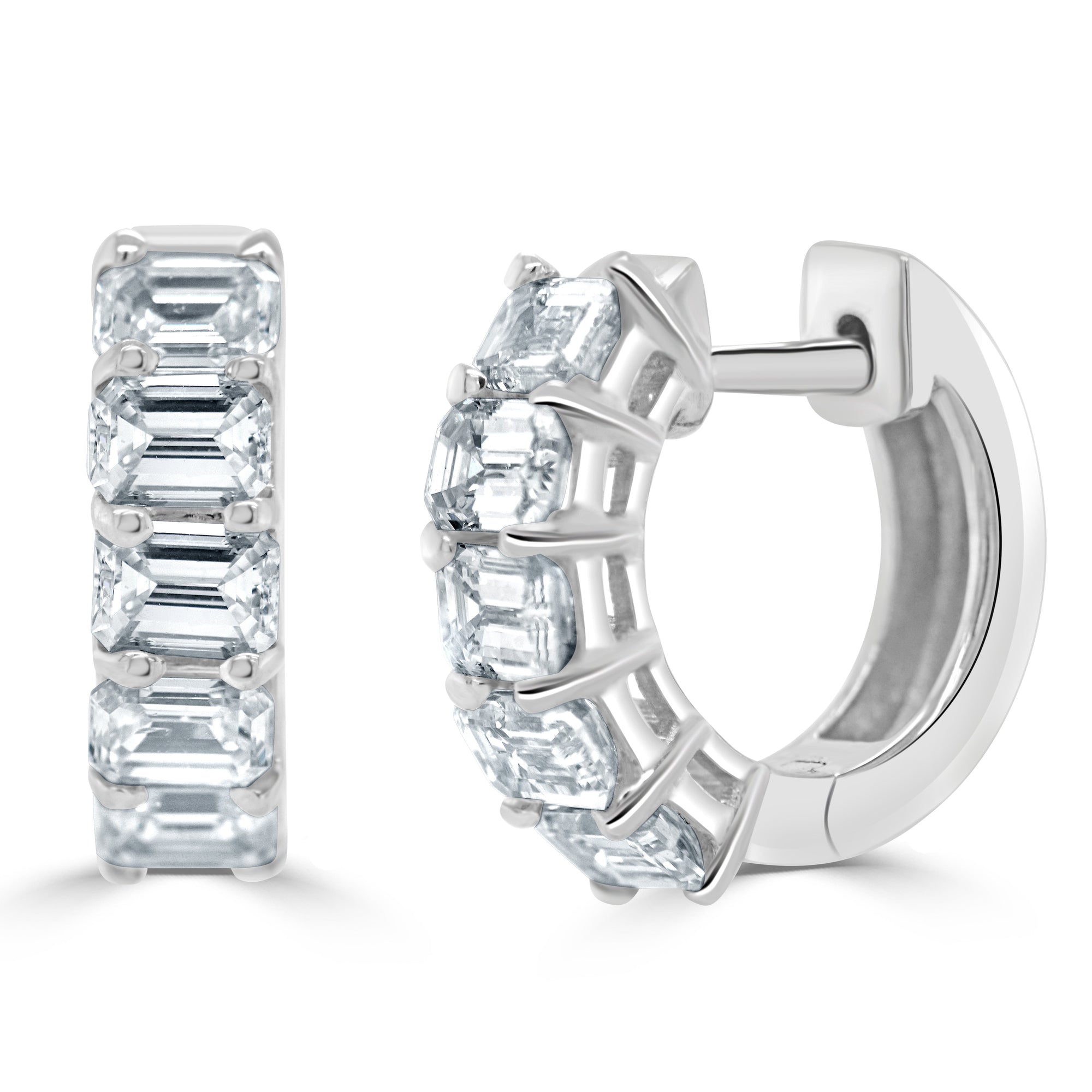 14K Gold Emerald-Cut Diamond Huggie Earrings - White