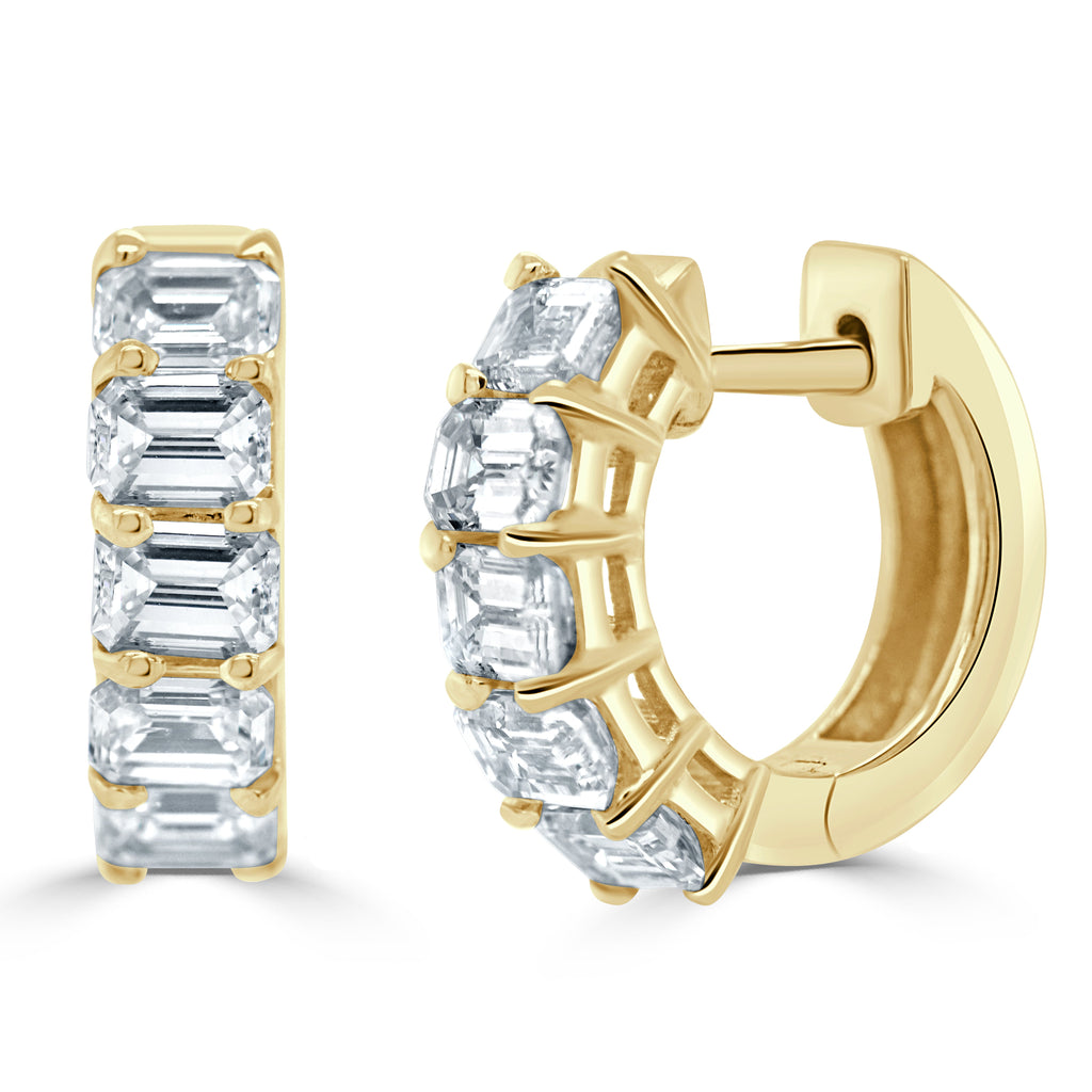 14K Gold Emerald-Cut Diamond Huggie Earrings - Yellow