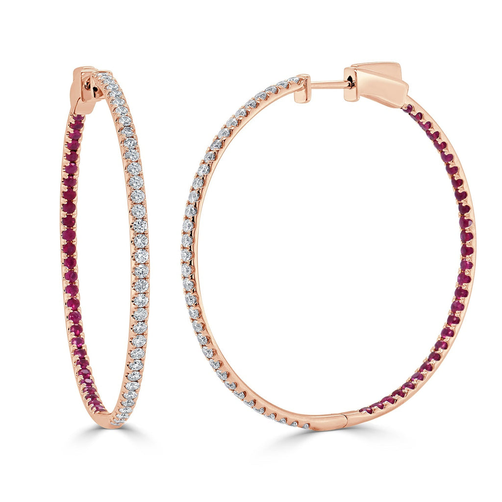 14K Gold Diamond & Ruby Inside-Out Hoop Earrings - Rose