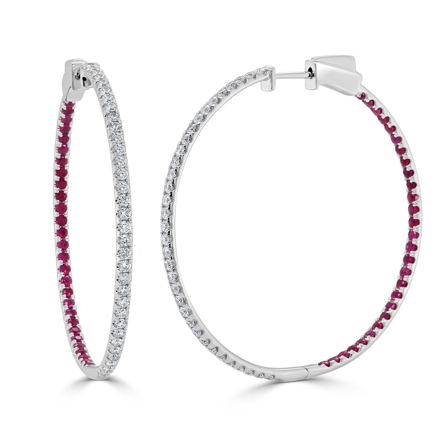 14K Gold Diamond & Ruby Inside-Out Hoop Earrings - White