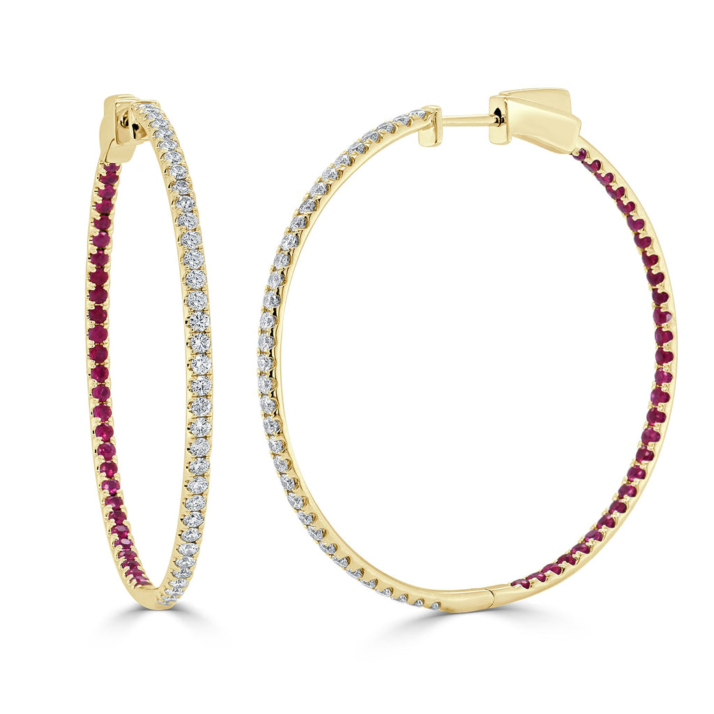 14K Gold Diamond & Ruby Inside-Out Hoop Earrings - Yellow